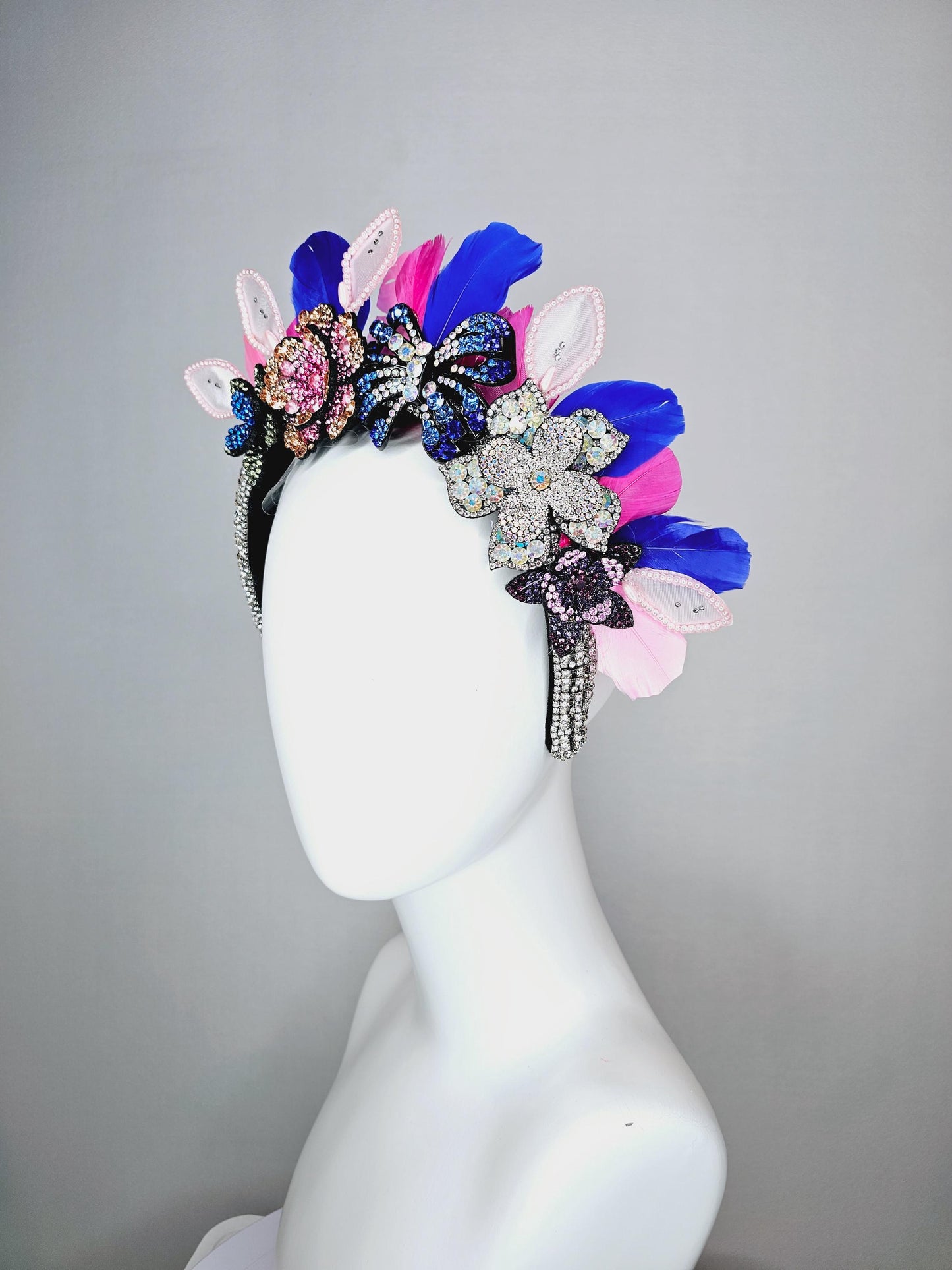 kentucky derby hat fascinator clear swarovski crystal headband with pink beige blue black crystal flowers butterfly pink royal blue feathers