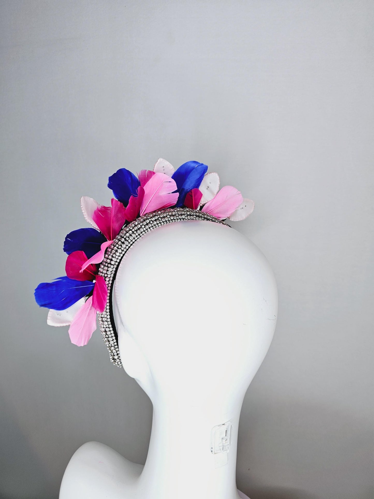 kentucky derby hat fascinator clear swarovski crystal headband with pink beige blue black crystal flowers butterfly pink royal blue feathers