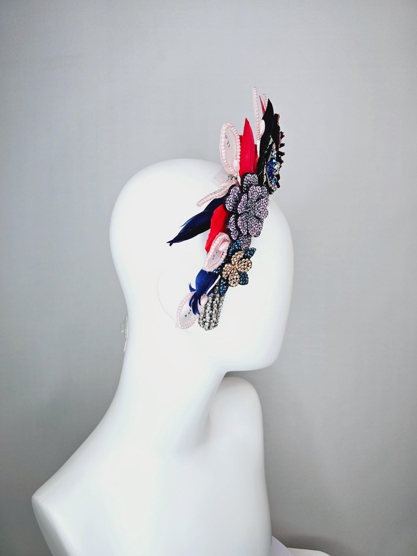 kentucky derby hat fascinator clear swarovski crystal headband with pink beige blue purple crystal flowers and red royal blue feathers