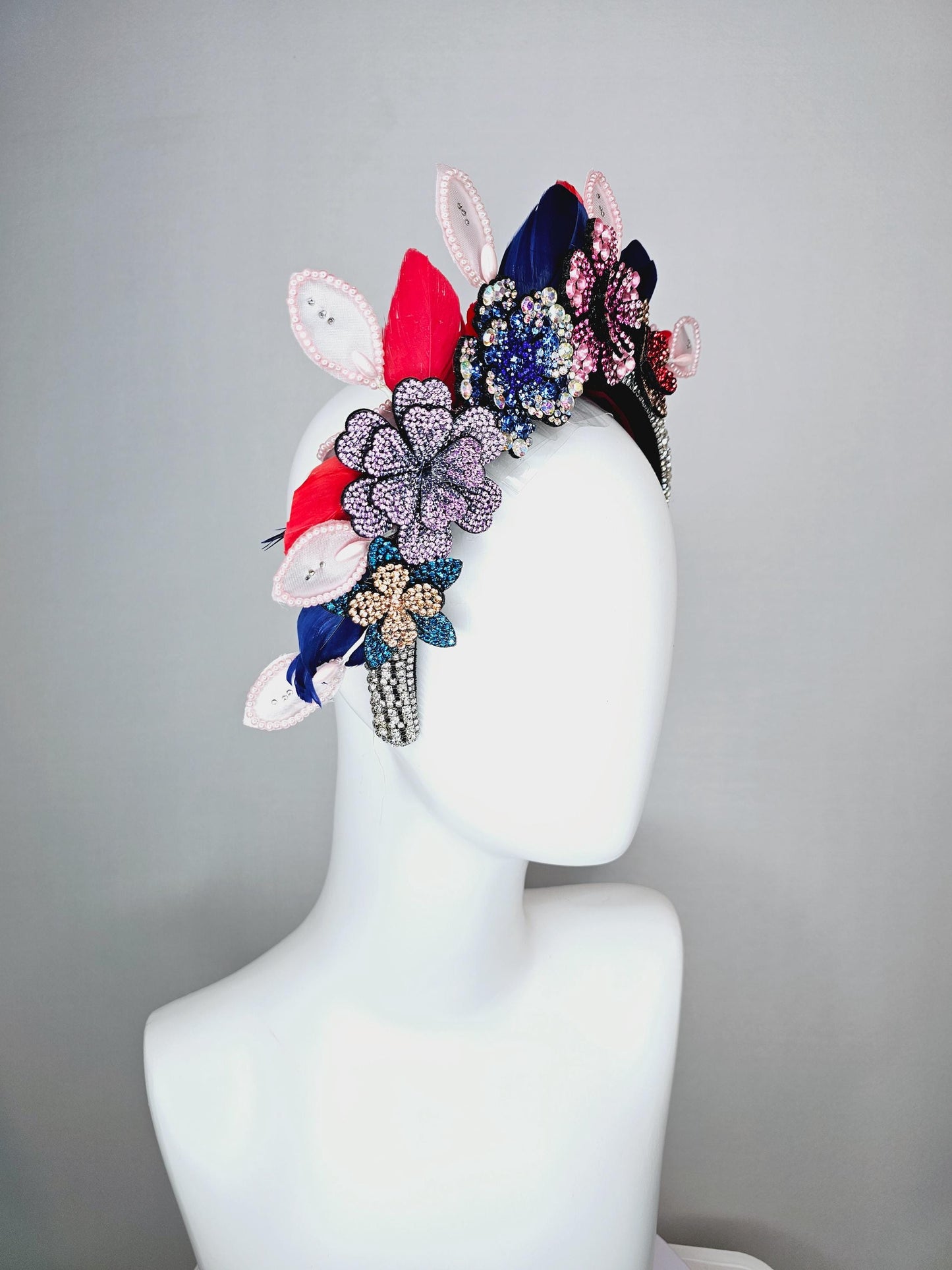 kentucky derby hat fascinator clear swarovski crystal headband with pink beige blue purple crystal flowers and red royal blue feathers