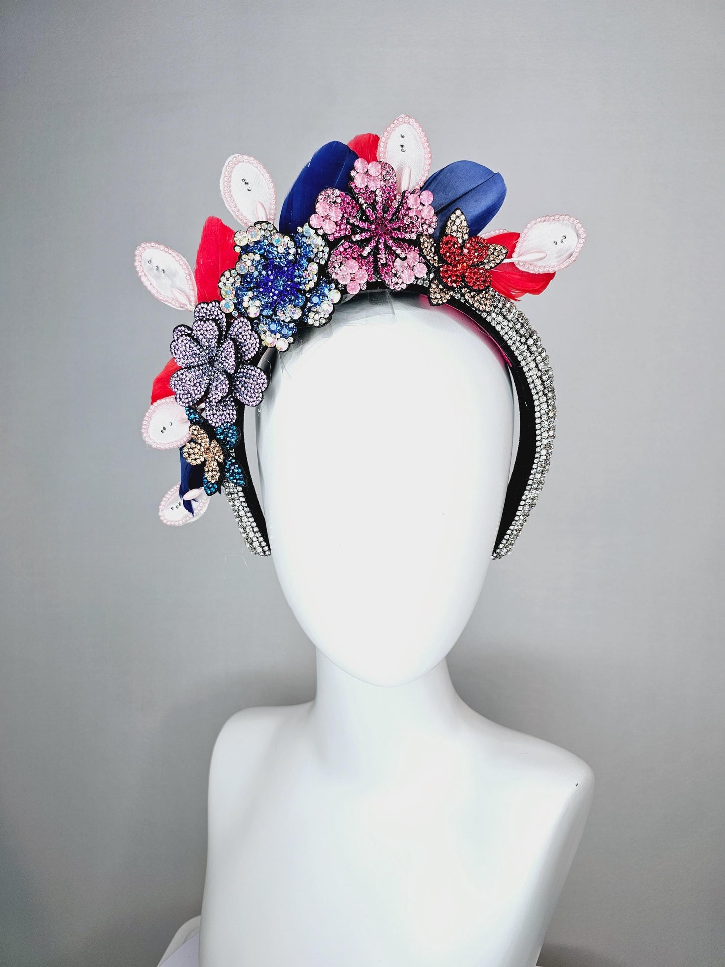 kentucky derby hat fascinator clear swarovski crystal headband with pink beige blue purple crystal flowers and red royal blue feathers