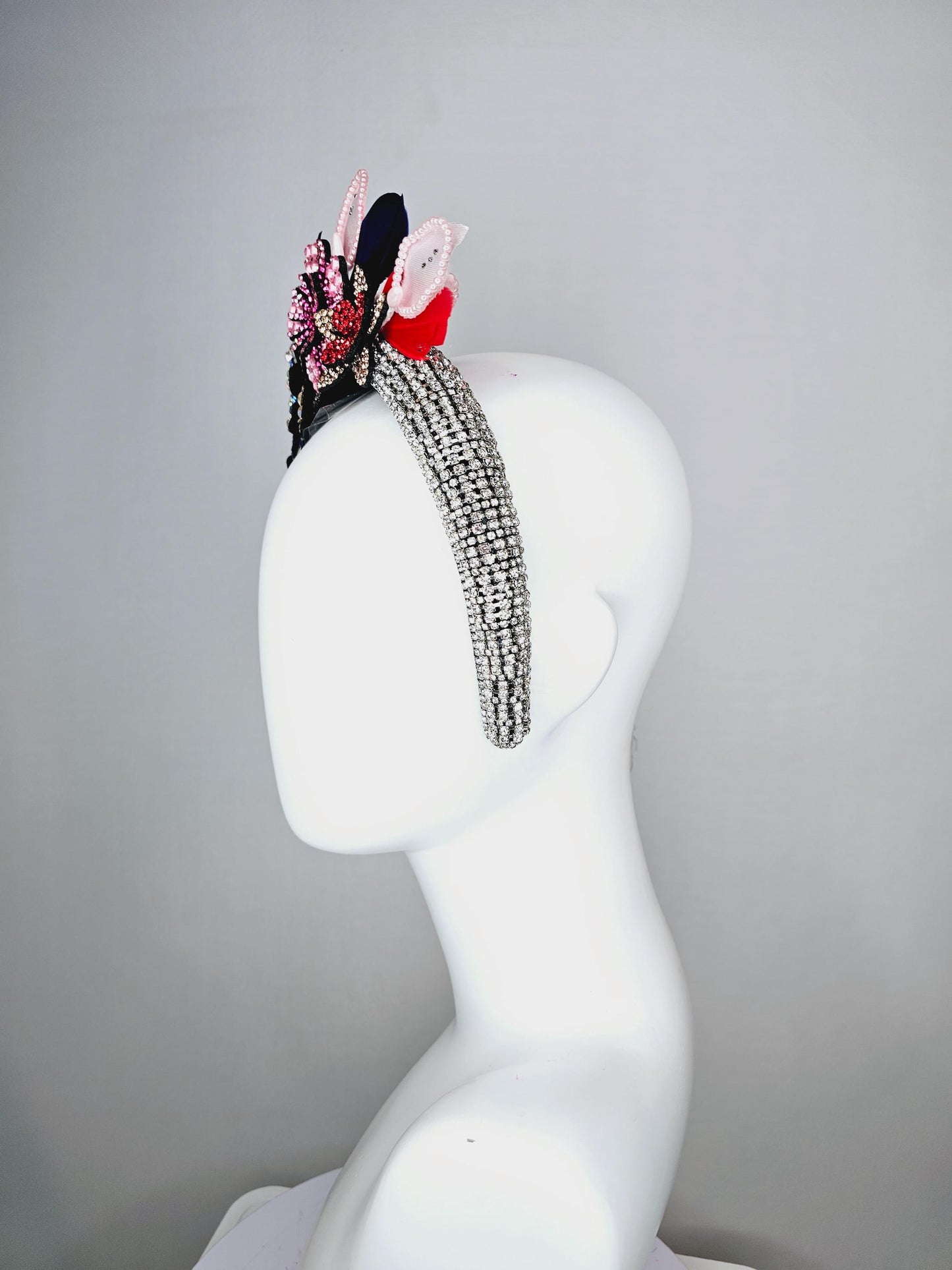 kentucky derby hat fascinator clear swarovski crystal headband with pink beige blue purple crystal flowers and red royal blue feathers