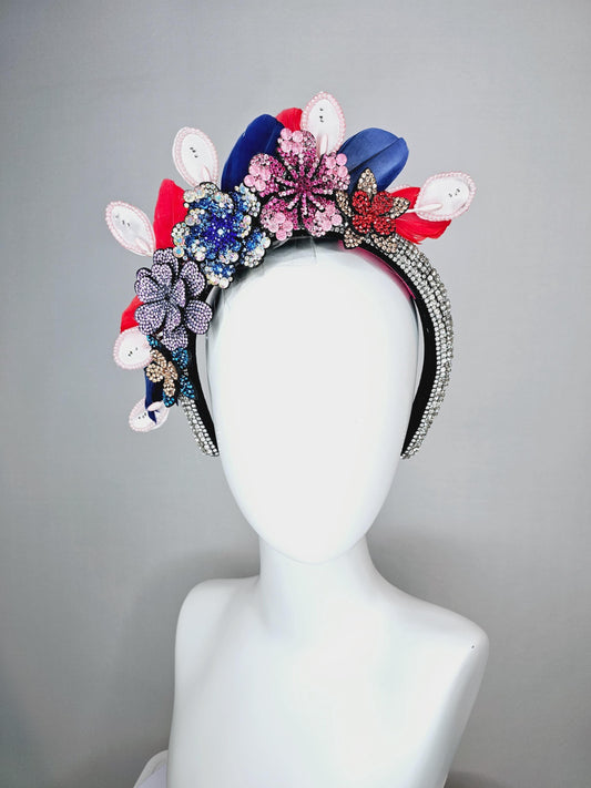 kentucky derby hat fascinator clear swarovski crystal headband with pink beige blue purple crystal flowers and red royal blue feathers