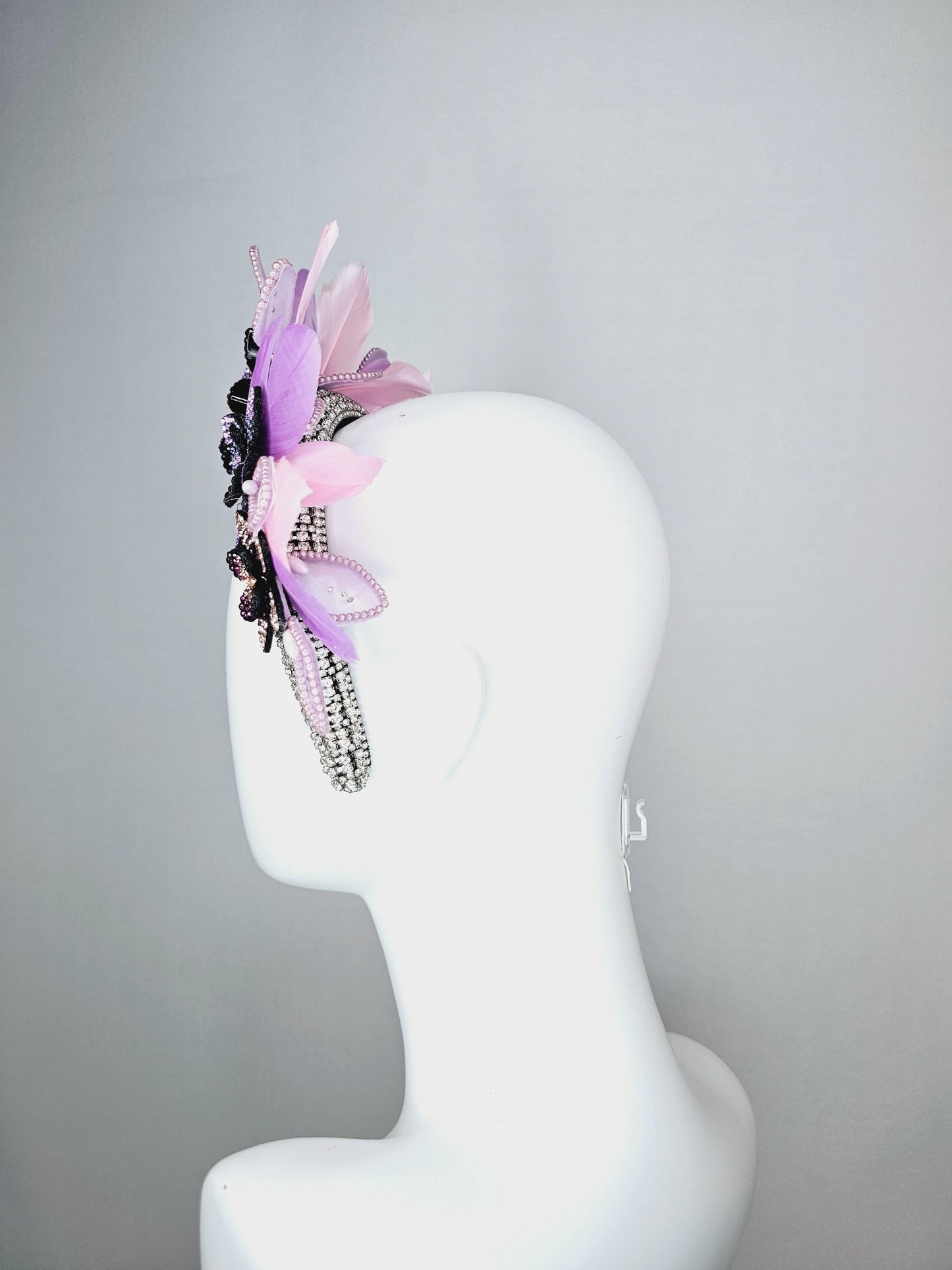 kentucky derby hat fascinator clear swarovski crystal headband beige black blue lavender purple crystal flowers light pink lavender feathers