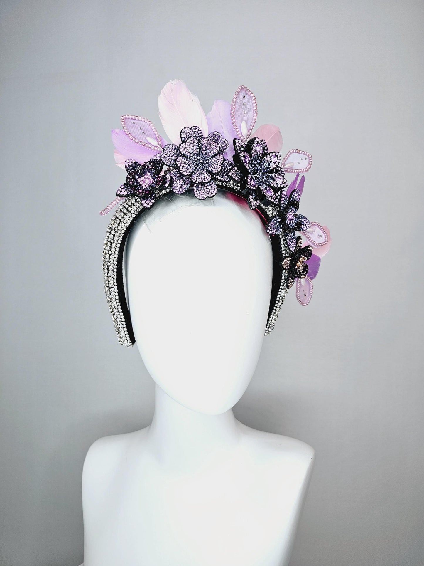 kentucky derby hat fascinator clear swarovski crystal headband beige black blue lavender purple crystal flowers light pink lavender feathers