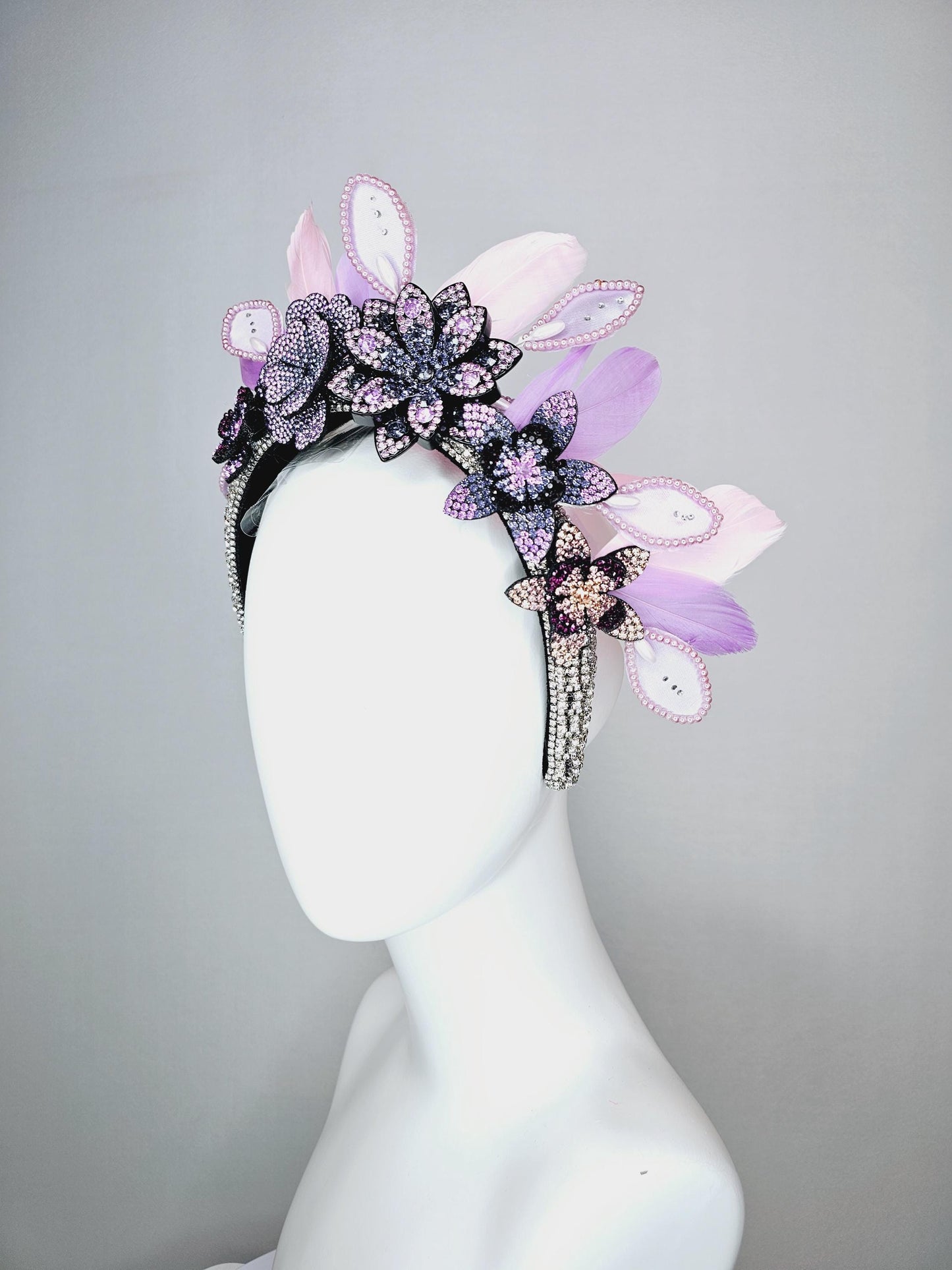 kentucky derby hat fascinator clear swarovski crystal headband beige black blue lavender purple crystal flowers light pink lavender feathers