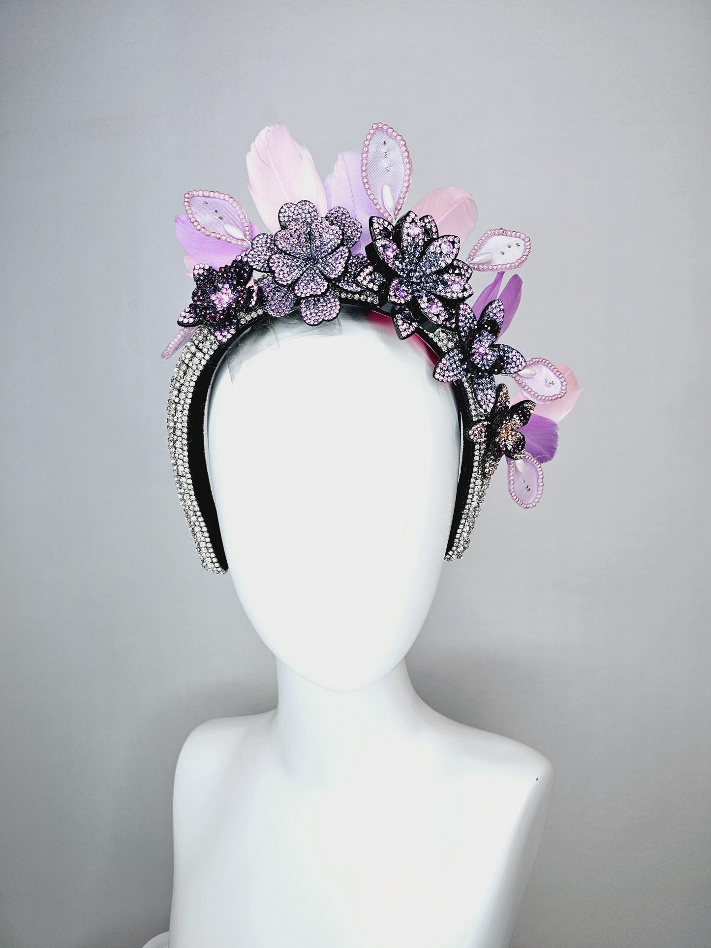 kentucky derby hat fascinator clear swarovski crystal headband beige black blue lavender purple crystal flowers light pink lavender feathers