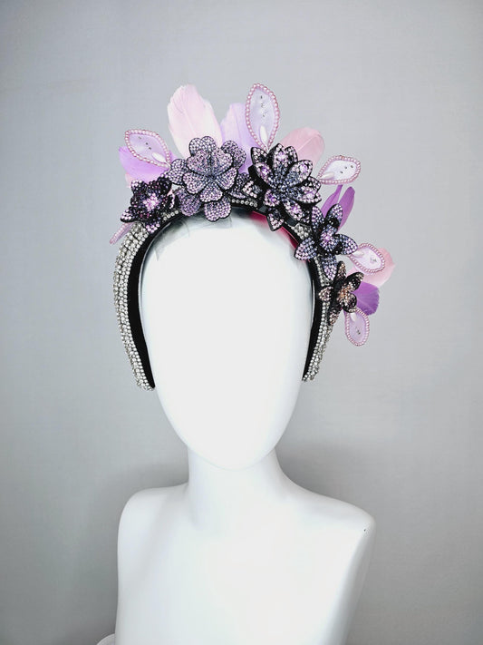 kentucky derby hat fascinator clear swarovski crystal headband beige black blue lavender purple crystal flowers light pink lavender feathers