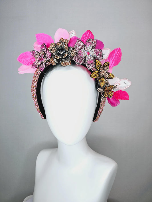 kentucky derby hat fascinator pink swarovski crystal headband pink beige gold yellow crystal flowers light pink bright pink feathers leaves