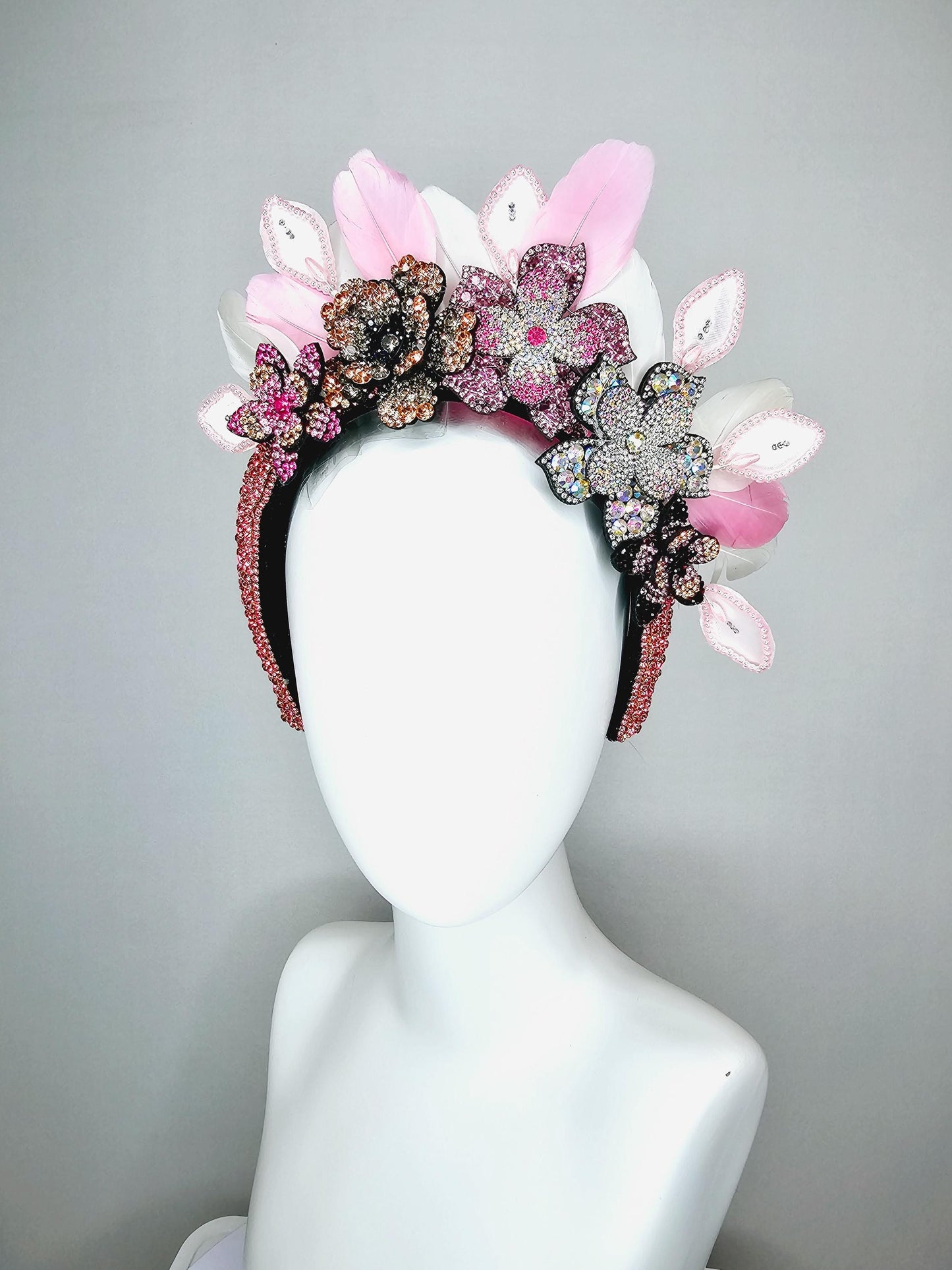 kentucky derby hat fascinator pink swarovski crystal headband iridescent pink beige black crystal flowers light pink white feathers leaves