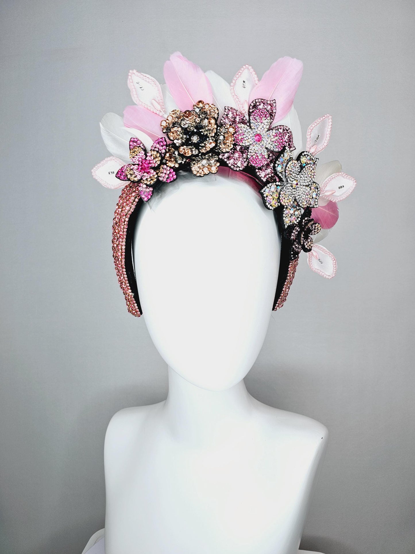 kentucky derby hat fascinator pink swarovski crystal headband iridescent pink beige black crystal flowers light pink white feathers leaves