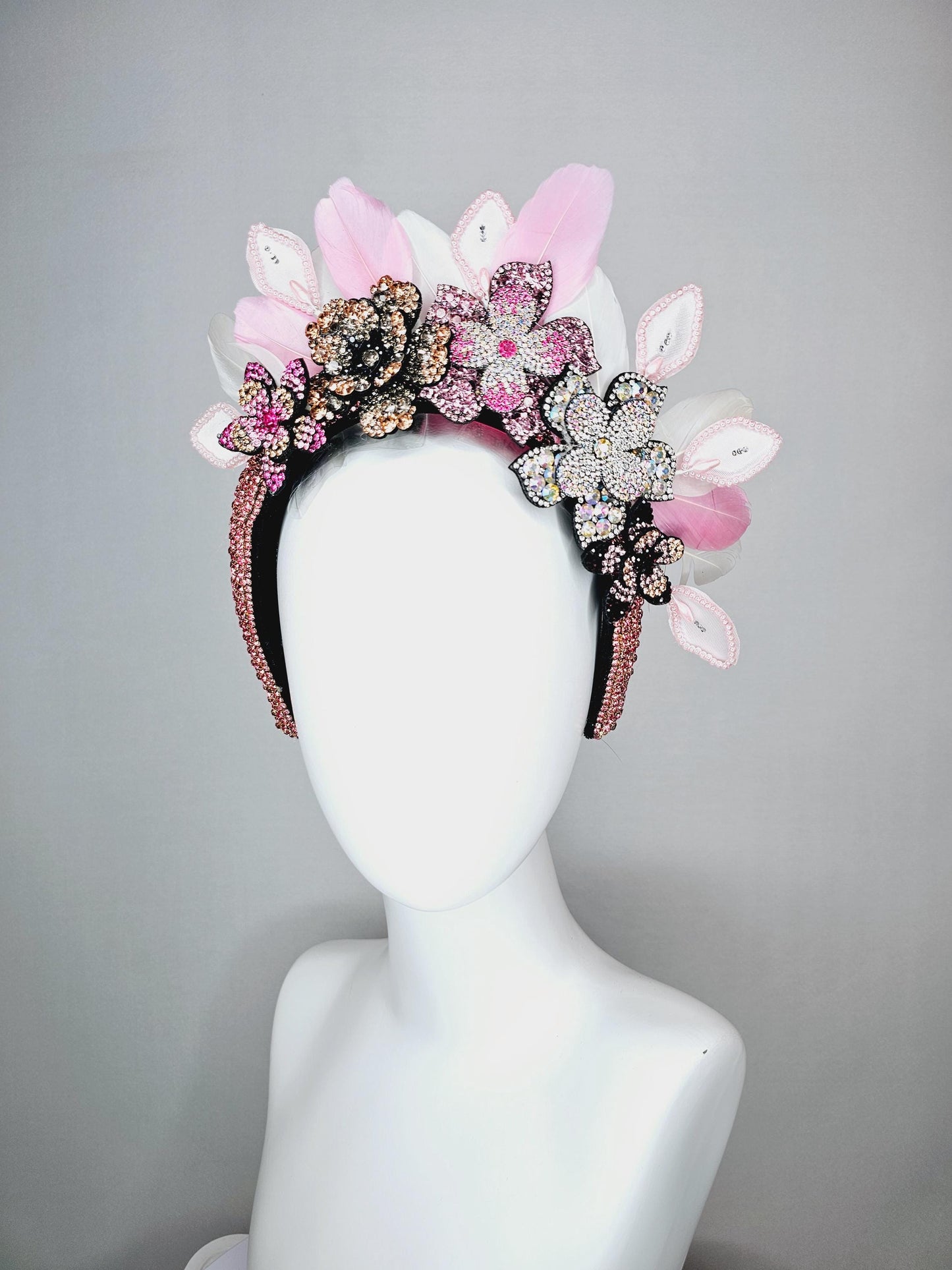 kentucky derby hat fascinator pink swarovski crystal headband iridescent pink beige black crystal flowers light pink white feathers leaves