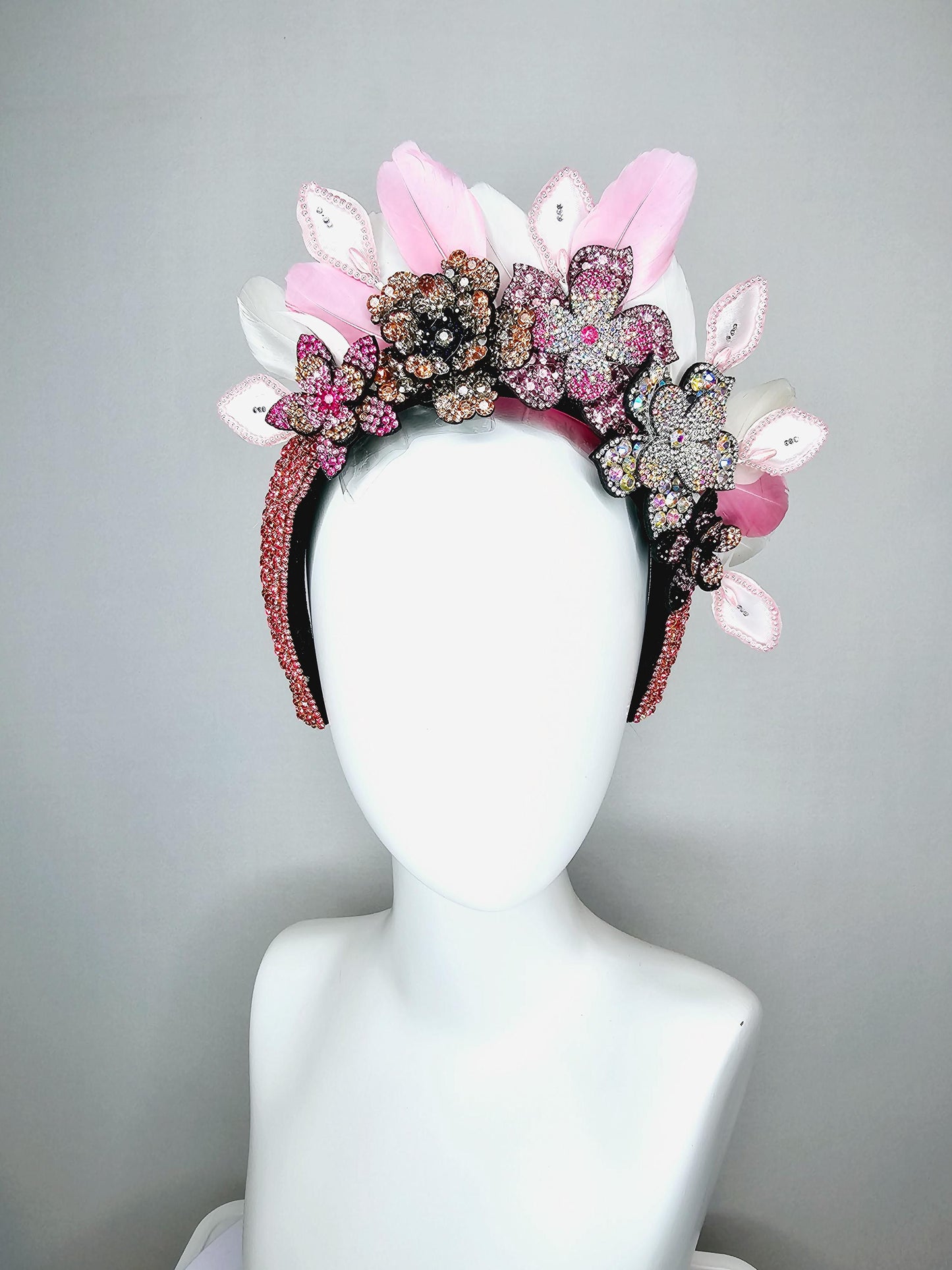 kentucky derby hat fascinator pink swarovski crystal headband iridescent pink beige black crystal flowers light pink white feathers leaves