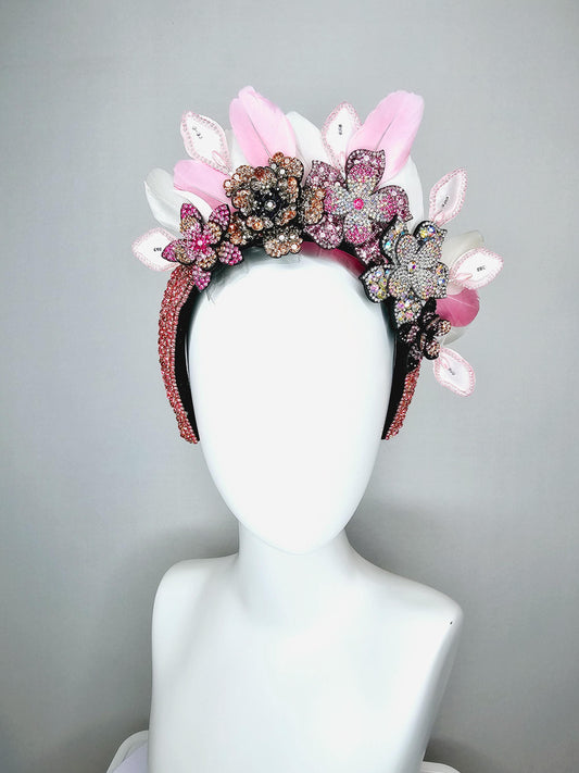 kentucky derby hat fascinator pink swarovski crystal headband iridescent pink beige black crystal flowers light pink white feathers leaves
