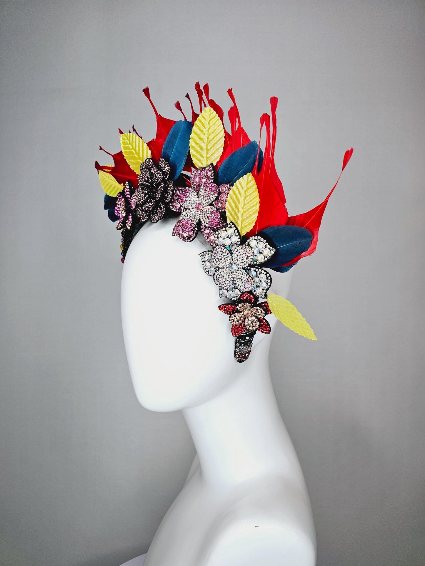kentucky derby hat fascinator colorful swarovski crystal headband pink beige iridescent clear red crystal flowers red yellow blue feathers