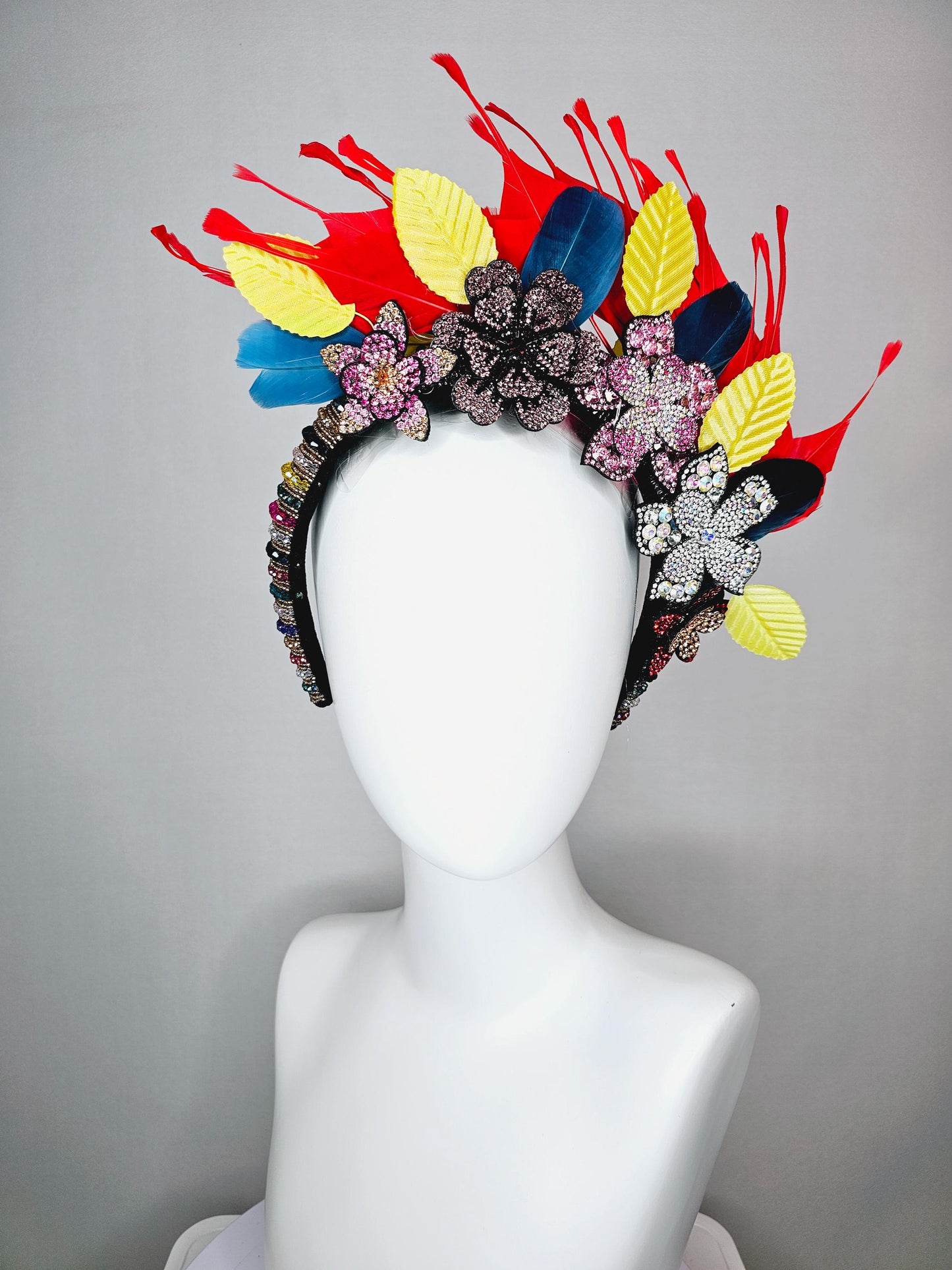 kentucky derby hat fascinator colorful swarovski crystal headband pink beige iridescent clear red crystal flowers red yellow blue feathers