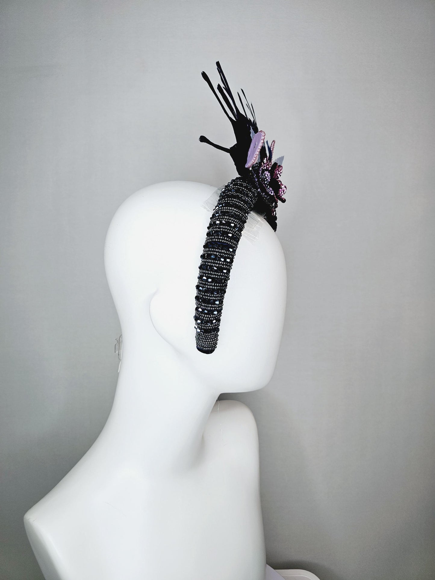 kentucky derby hat fascinator navy blue swarovski crystal headband pink beige blue purple black crystal flowers navy blue feathers leaves