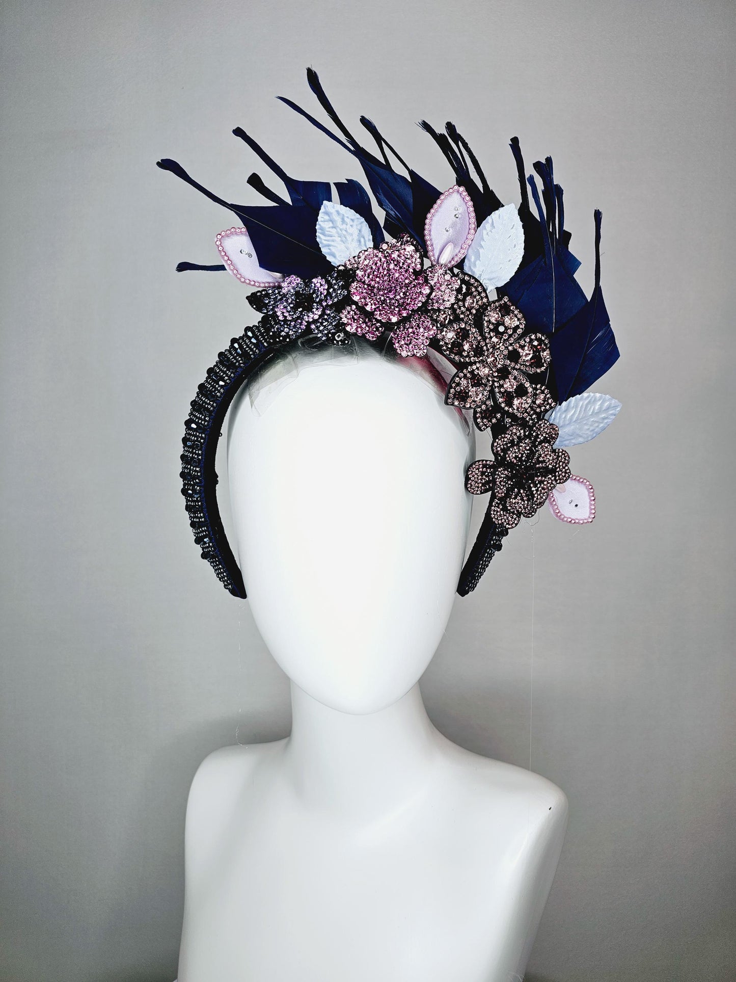 kentucky derby hat fascinator navy blue swarovski crystal headband pink beige blue purple black crystal flowers navy blue feathers leaves