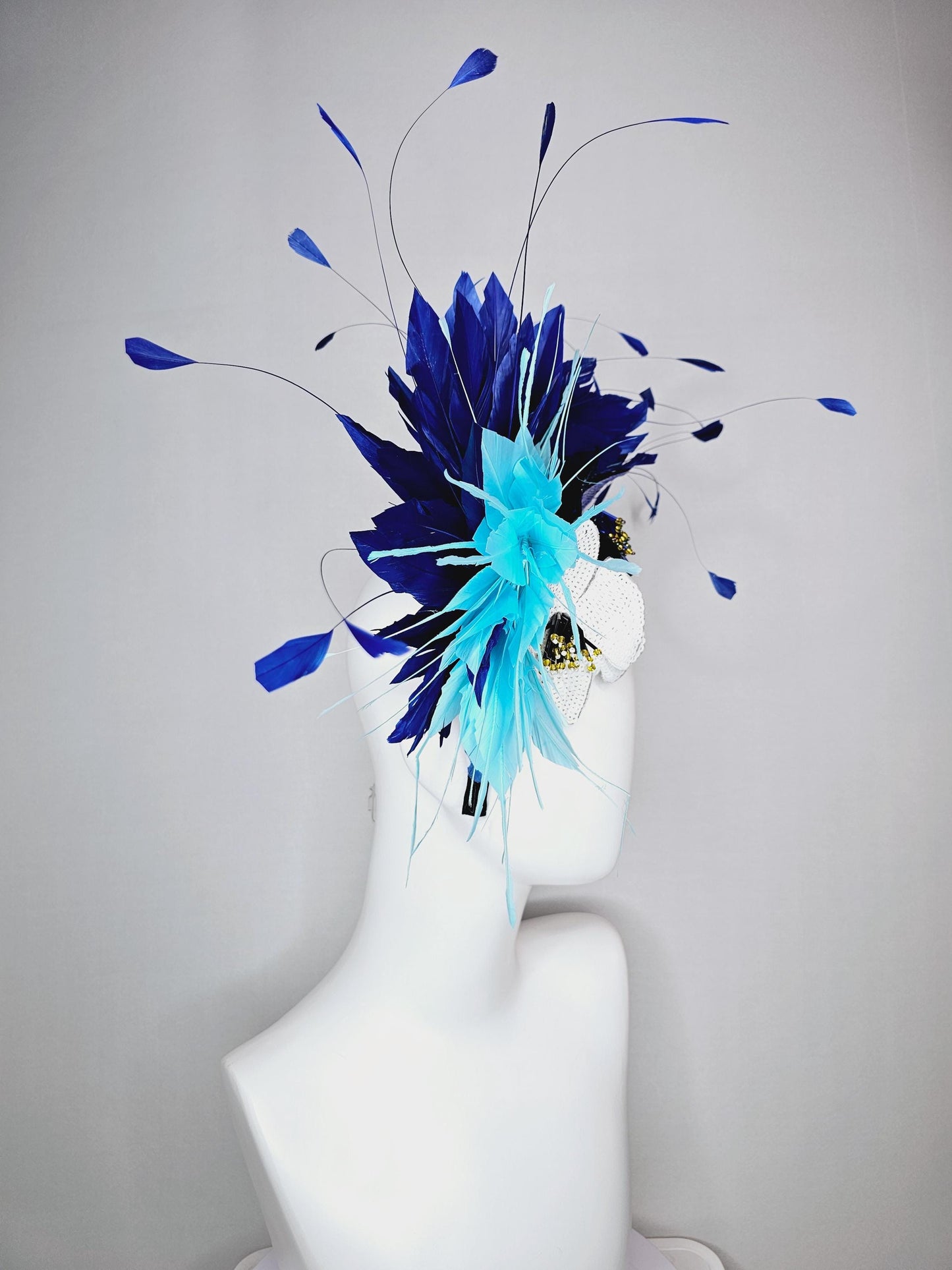 kentucky derby hat fascinator blue and white polka dot headband with crystal swan sequin cobalt blue white beaded flowers aqua blue feathers