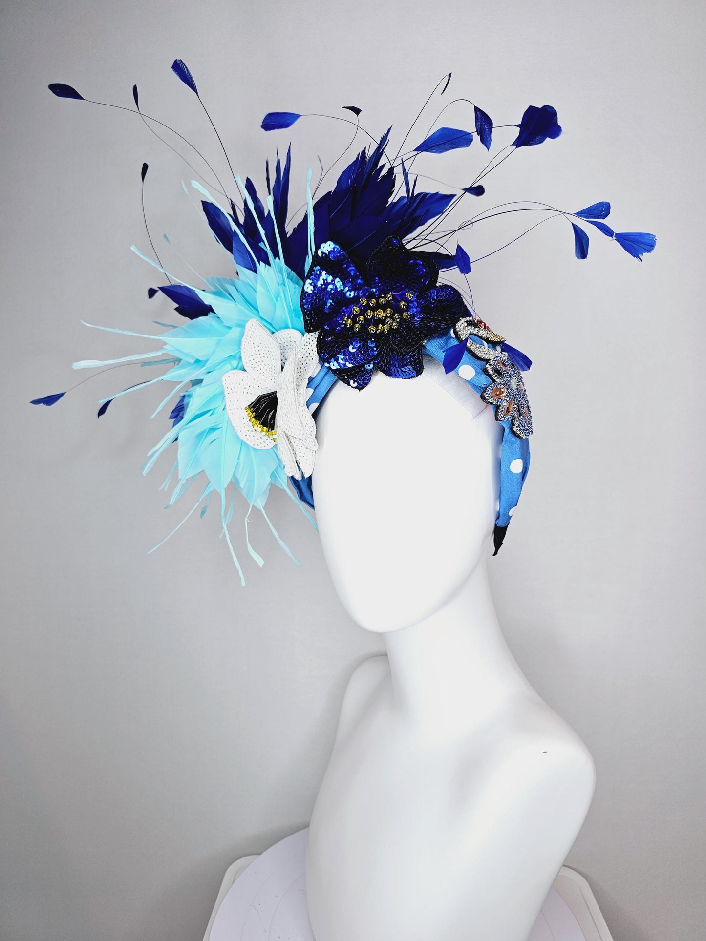 kentucky derby hat fascinator blue and white polka dot headband with crystal swan sequin cobalt blue white beaded flowers aqua blue feathers