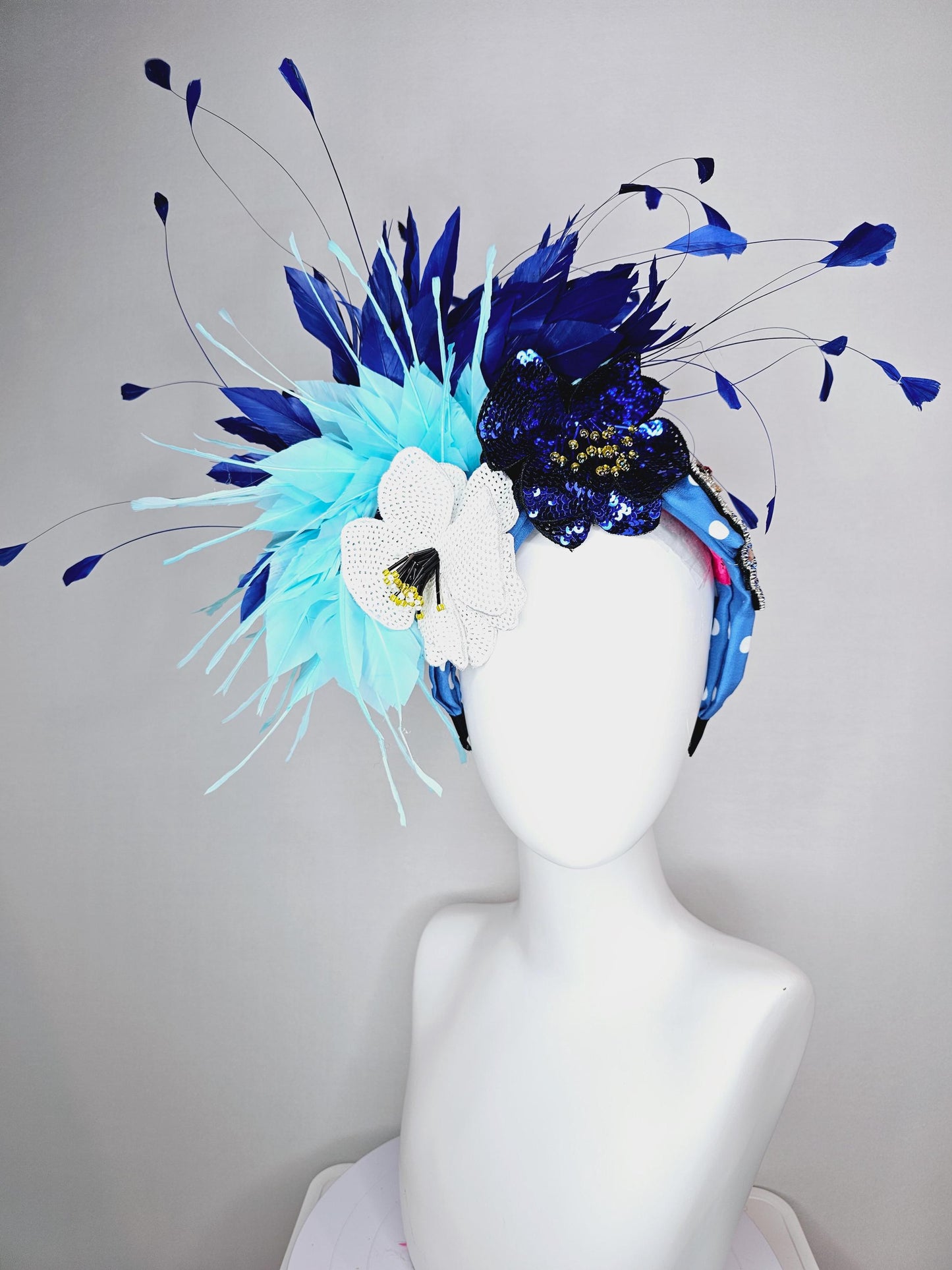 kentucky derby hat fascinator blue and white polka dot headband with crystal swan sequin cobalt blue white beaded flowers aqua blue feathers