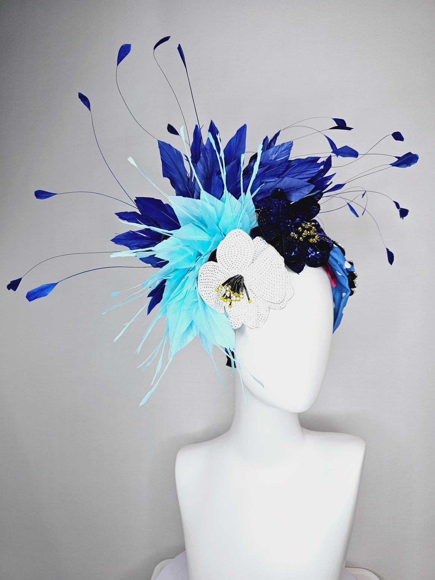 kentucky derby hat fascinator blue and white polka dot headband with crystal swan sequin cobalt blue white beaded flowers aqua blue feathers