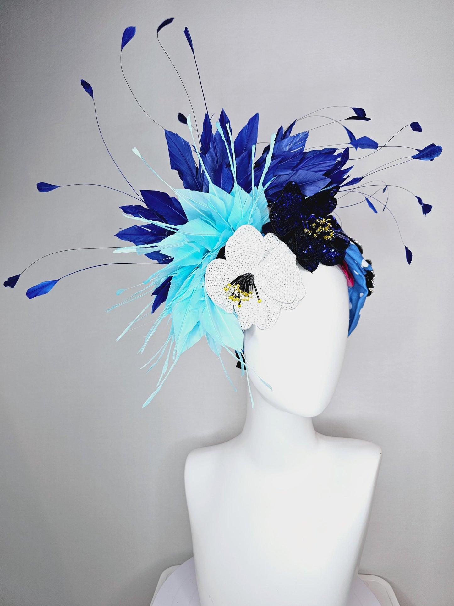 kentucky derby hat fascinator blue and white polka dot headband with crystal swan sequin cobalt blue white beaded flowers aqua blue feathers
