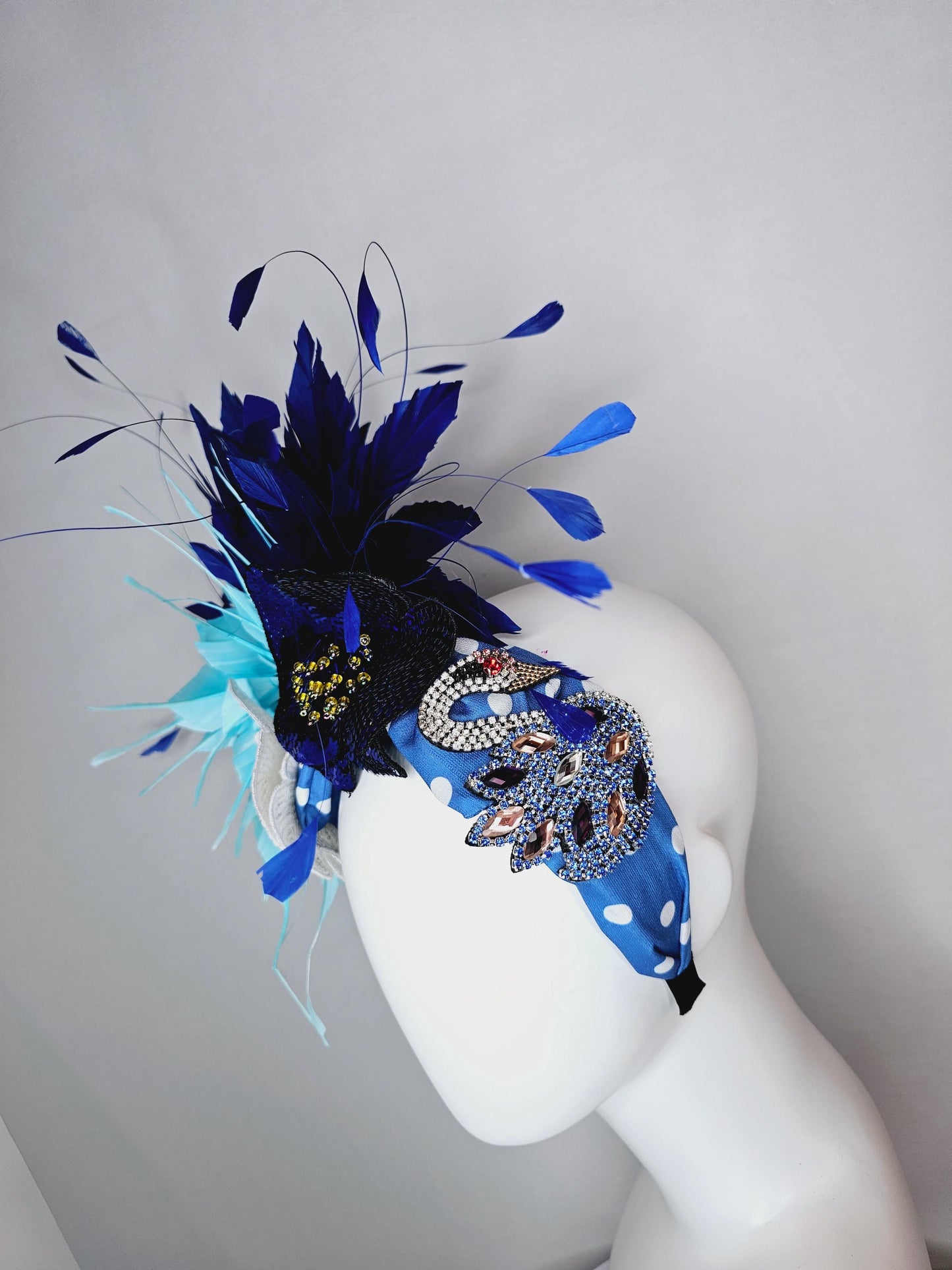 kentucky derby hat fascinator blue and white polka dot headband with crystal swan sequin cobalt blue white beaded flowers aqua blue feathers