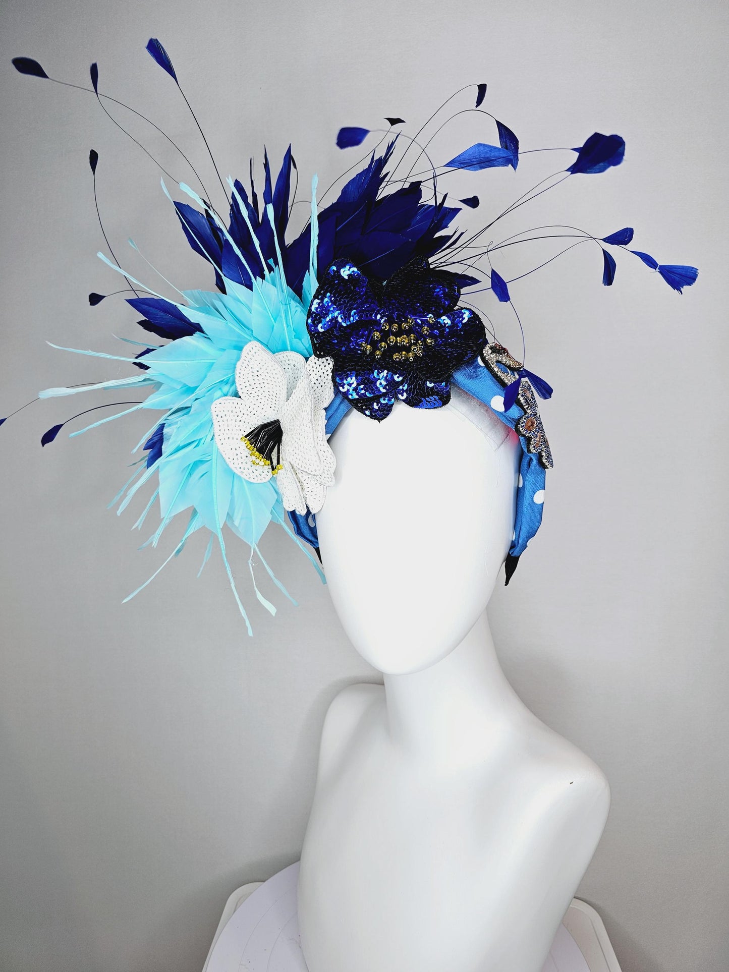 kentucky derby hat fascinator blue and white polka dot headband with crystal swan sequin cobalt blue white beaded flowers aqua blue feathers