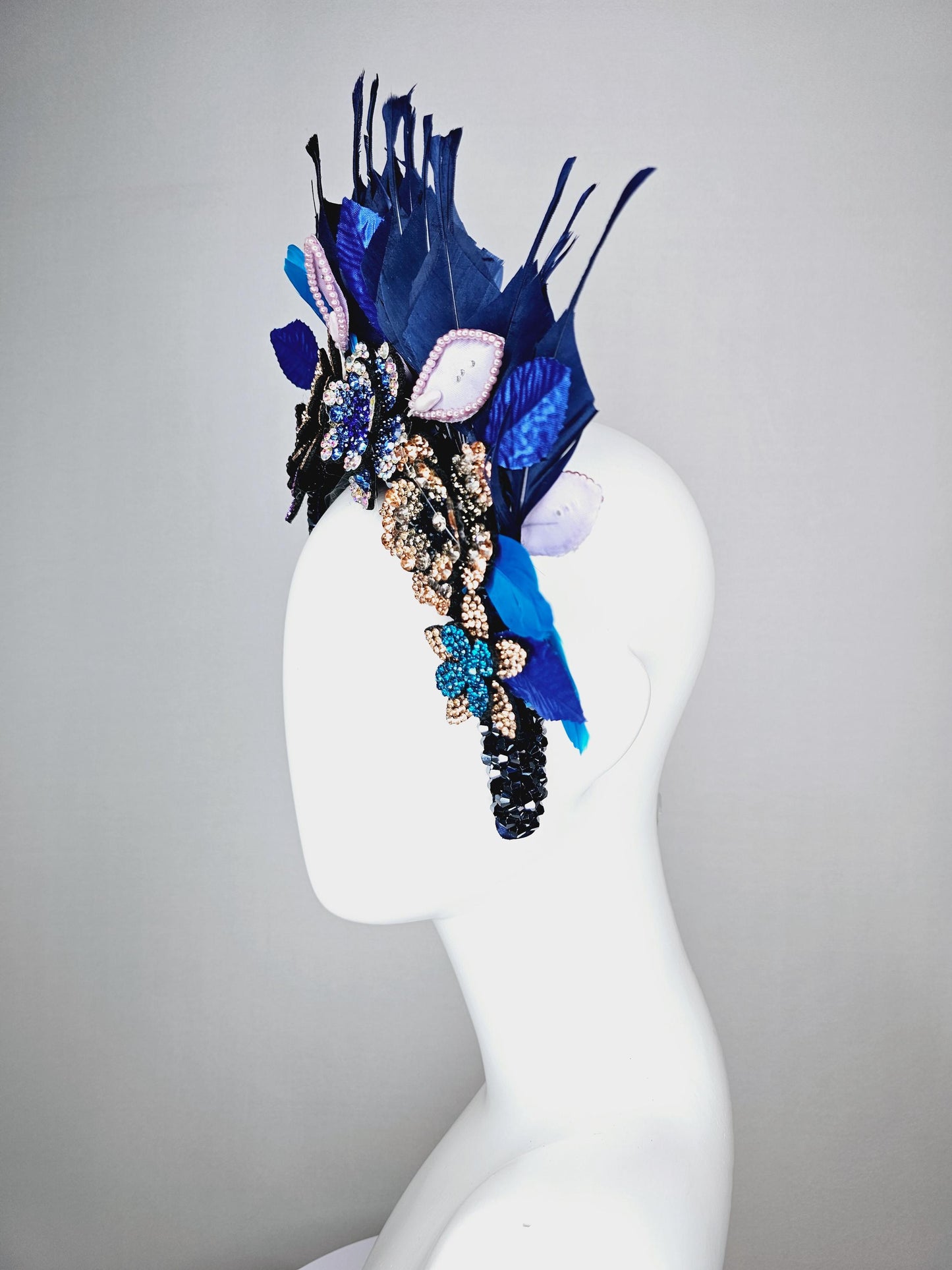 kentucky derby hat fascinator navy blue swarovski crystal headband purple gold blue crystal flowers navy blue feathers white blue leaves