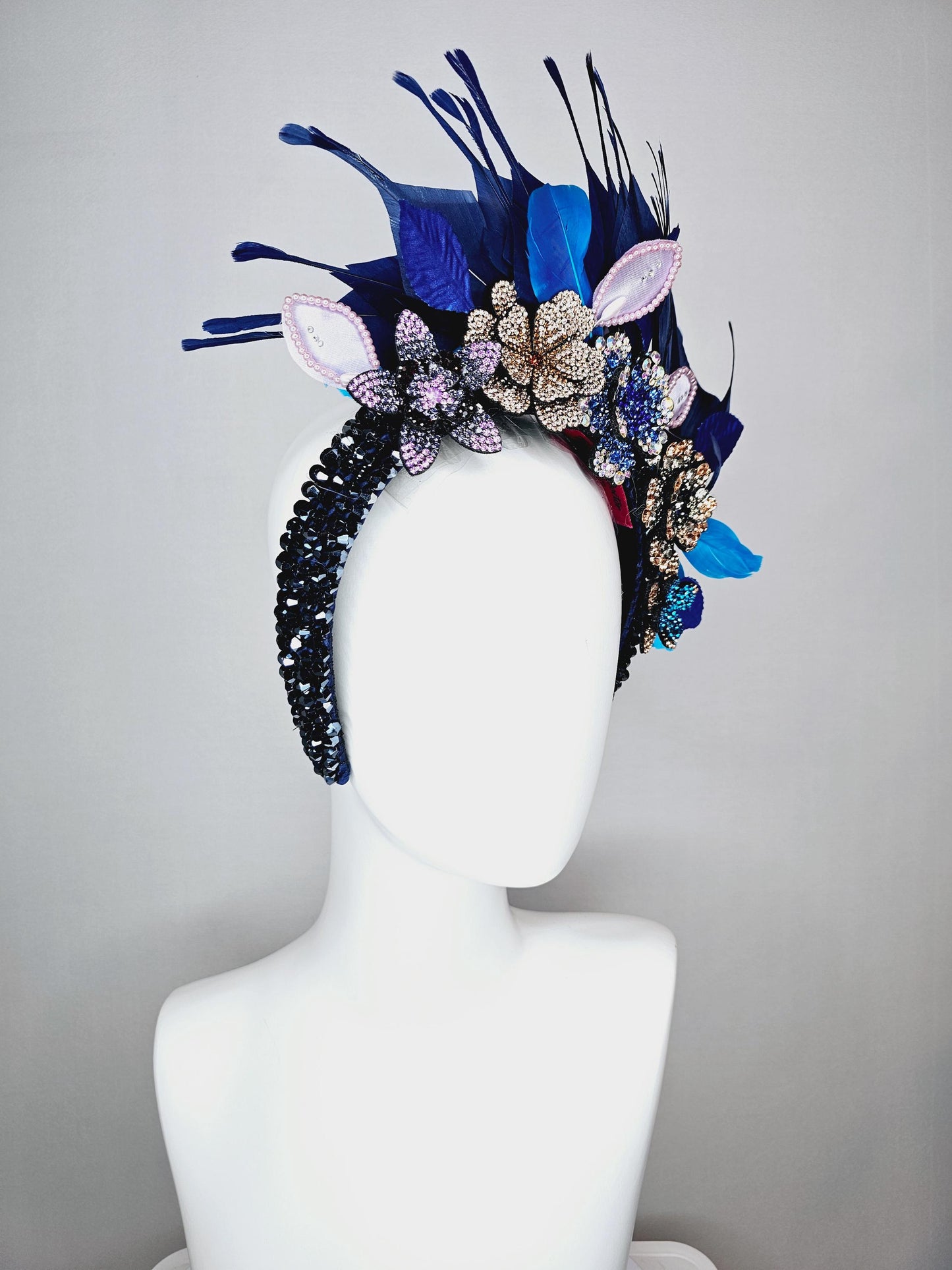 kentucky derby hat fascinator navy blue swarovski crystal headband purple gold blue crystal flowers navy blue feathers white blue leaves