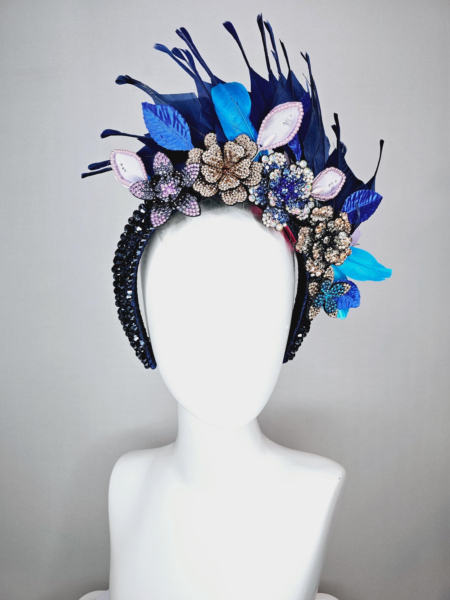 kentucky derby hat fascinator navy blue swarovski crystal headband purple gold blue crystal flowers navy blue feathers white blue leaves