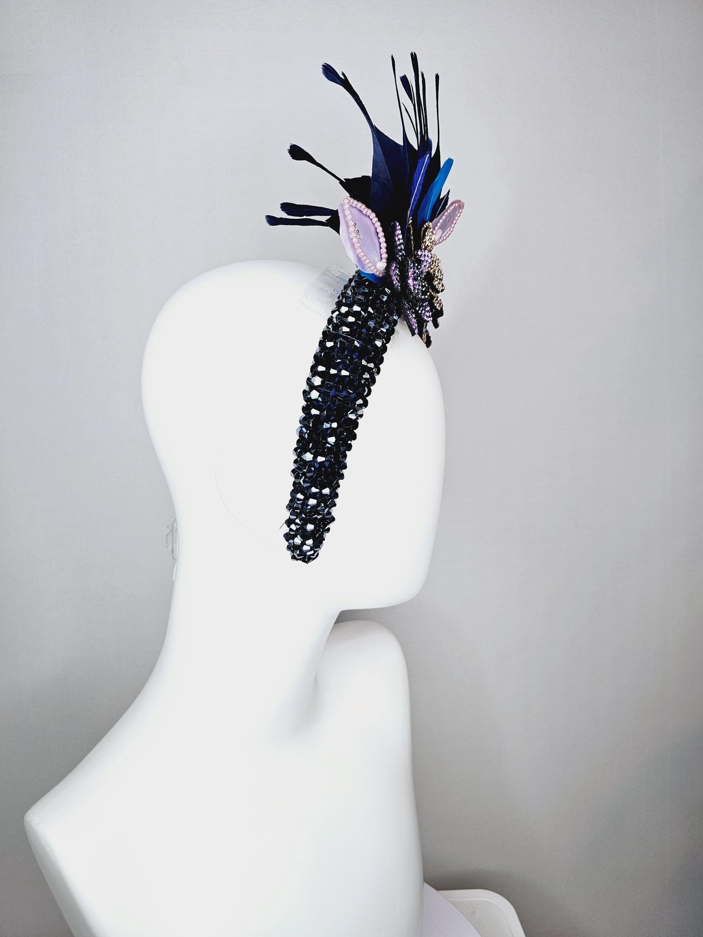 kentucky derby hat fascinator navy blue swarovski crystal headband purple gold blue crystal flowers navy blue feathers white blue leaves