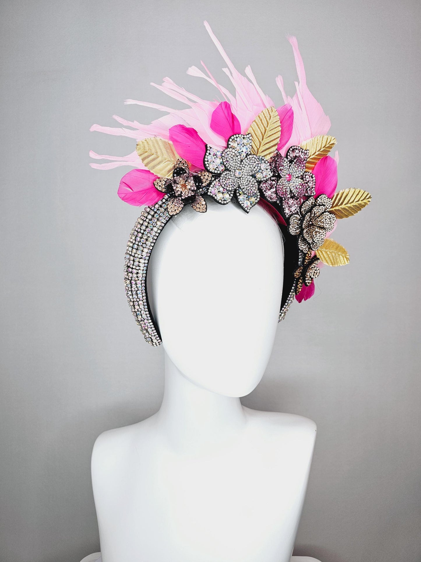 kentucky derby hat fascinator iridescent swarovski crystal headband black gold yellow pink crystal flowers light pink feathers gold leaves