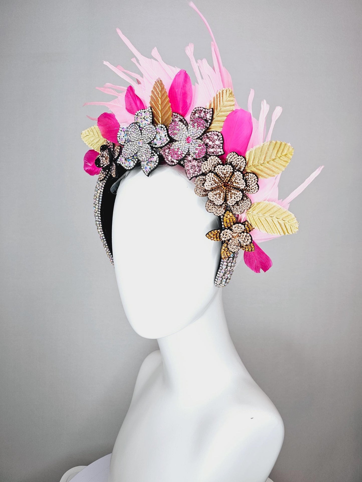 kentucky derby hat fascinator iridescent swarovski crystal headband black gold yellow pink crystal flowers light pink feathers gold leaves