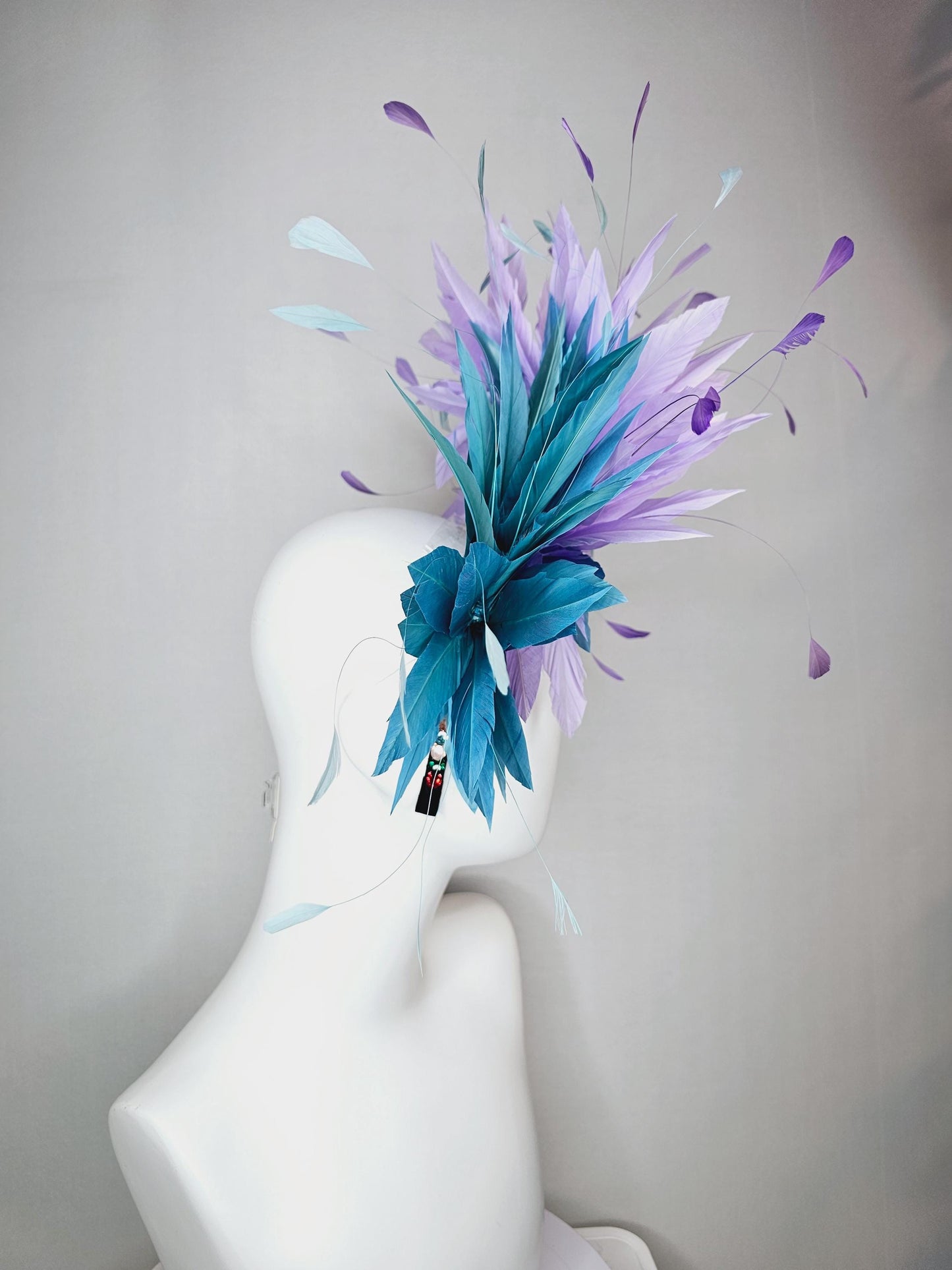kentucky derby hat fascinator colorful swarovski crystal headband red pink purple green blue crystal flower lavender purple blue feathers