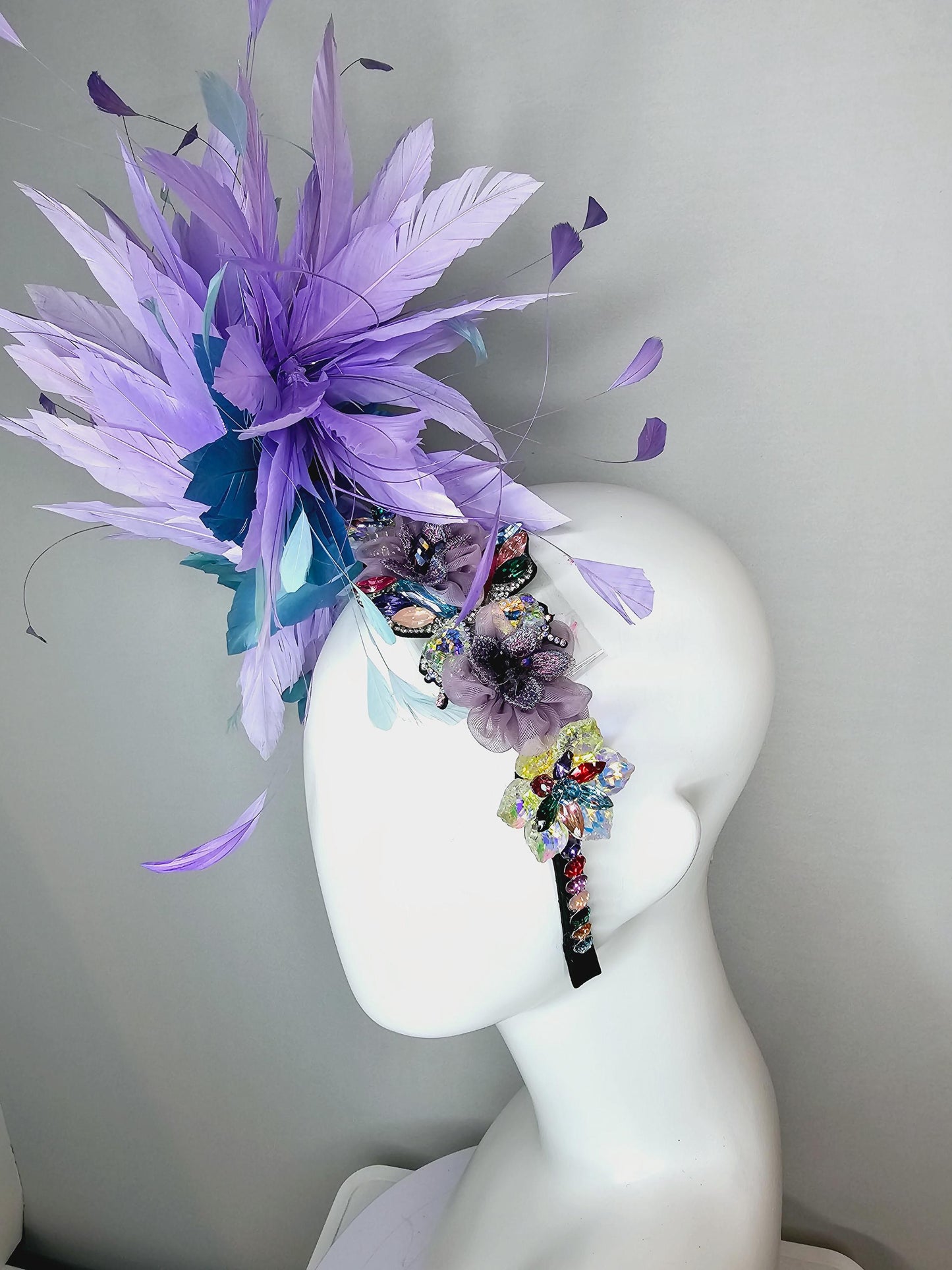 kentucky derby hat fascinator colorful swarovski crystal headband red pink purple green blue crystal flower lavender purple blue feathers