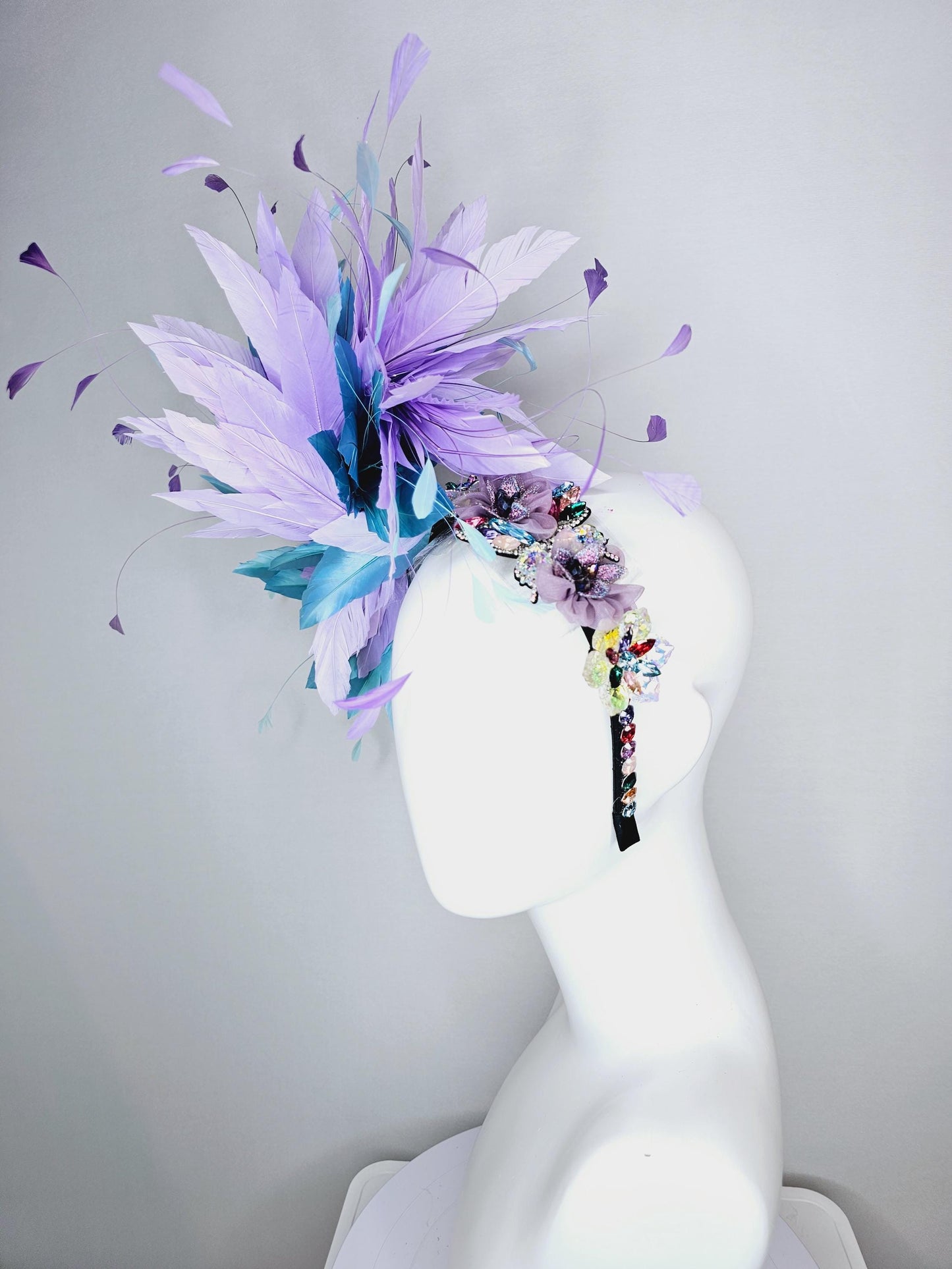 kentucky derby hat fascinator colorful swarovski crystal headband red pink purple green blue crystal flower lavender purple blue feathers