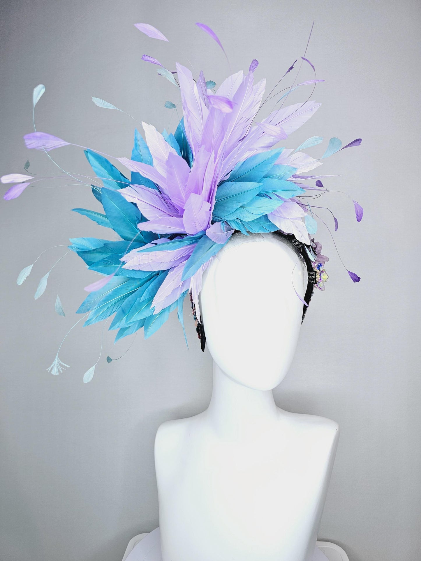 kentucky derby hat fascinator colorful swarovski crystal headband red pink purple green blue crystal flower lavender purple blue feathers