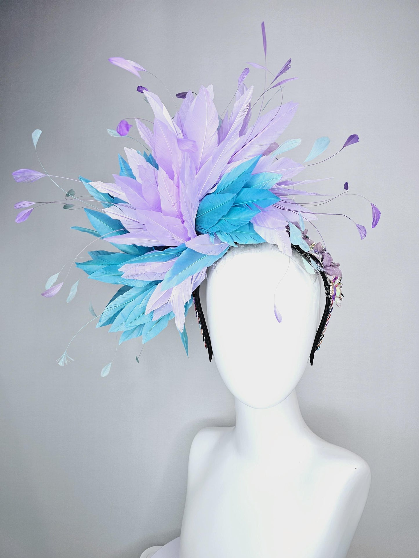 kentucky derby hat fascinator colorful swarovski crystal headband red pink purple green blue crystal flower lavender purple blue feathers