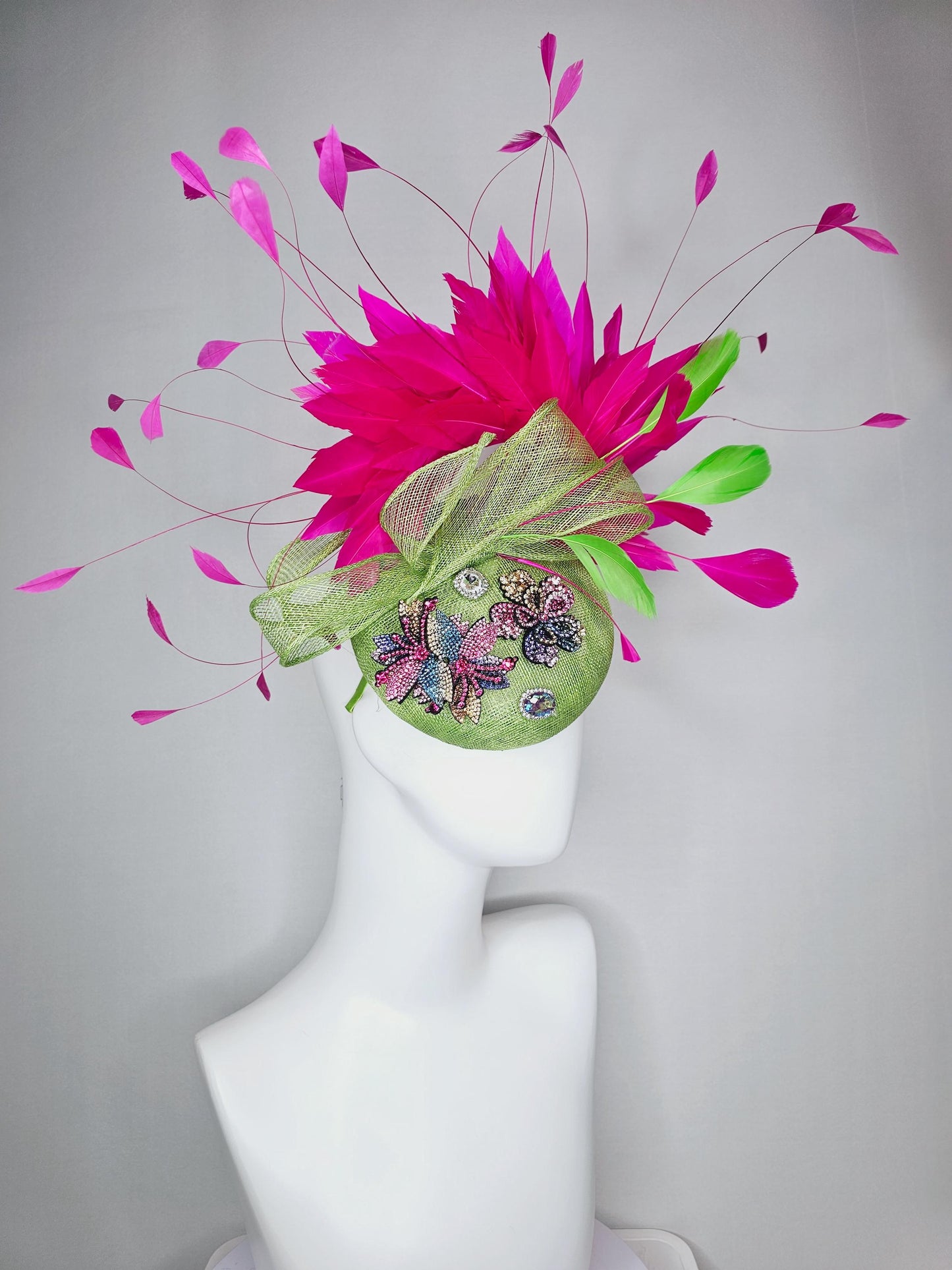 kentucky derby hat fascinator lime green sinamay with bow colorful pink blue yellow purple swarovski crystal flowers fuchsia pink feathers