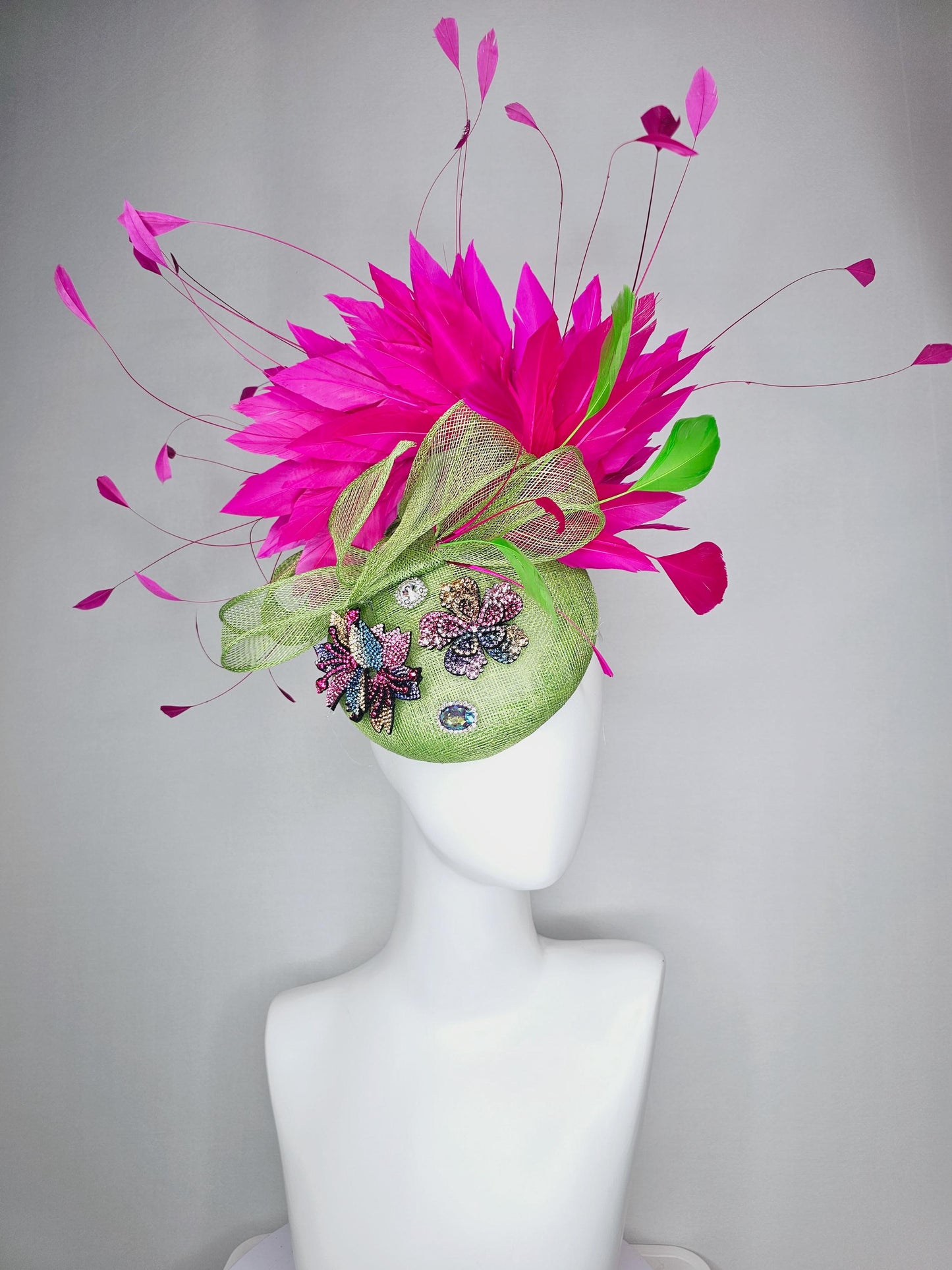 kentucky derby hat fascinator lime green sinamay with bow colorful pink blue yellow purple swarovski crystal flowers fuchsia pink feathers