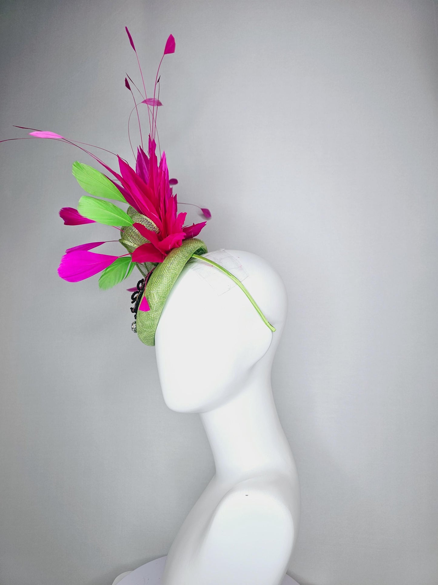 kentucky derby hat fascinator lime green sinamay with bow colorful pink blue yellow purple swarovski crystal flowers fuchsia pink feathers