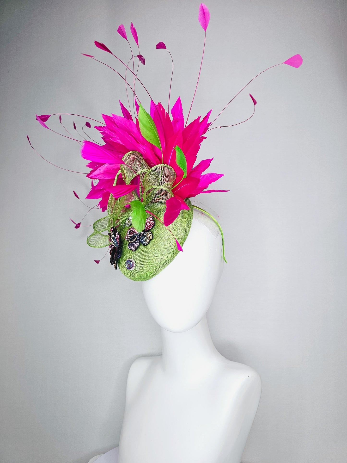 kentucky derby hat fascinator lime green sinamay with bow colorful pink blue yellow purple swarovski crystal flowers fuchsia pink feathers
