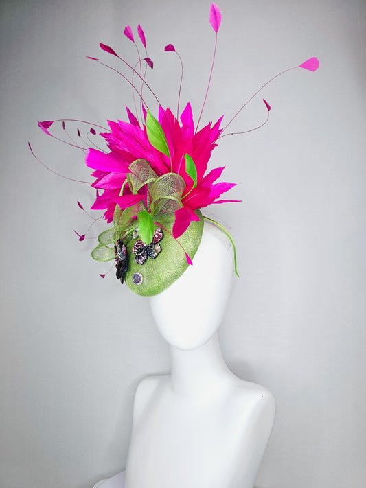 kentucky derby hat fascinator lime green sinamay with bow colorful pink blue yellow purple swarovski crystal flowers fuchsia pink feathers