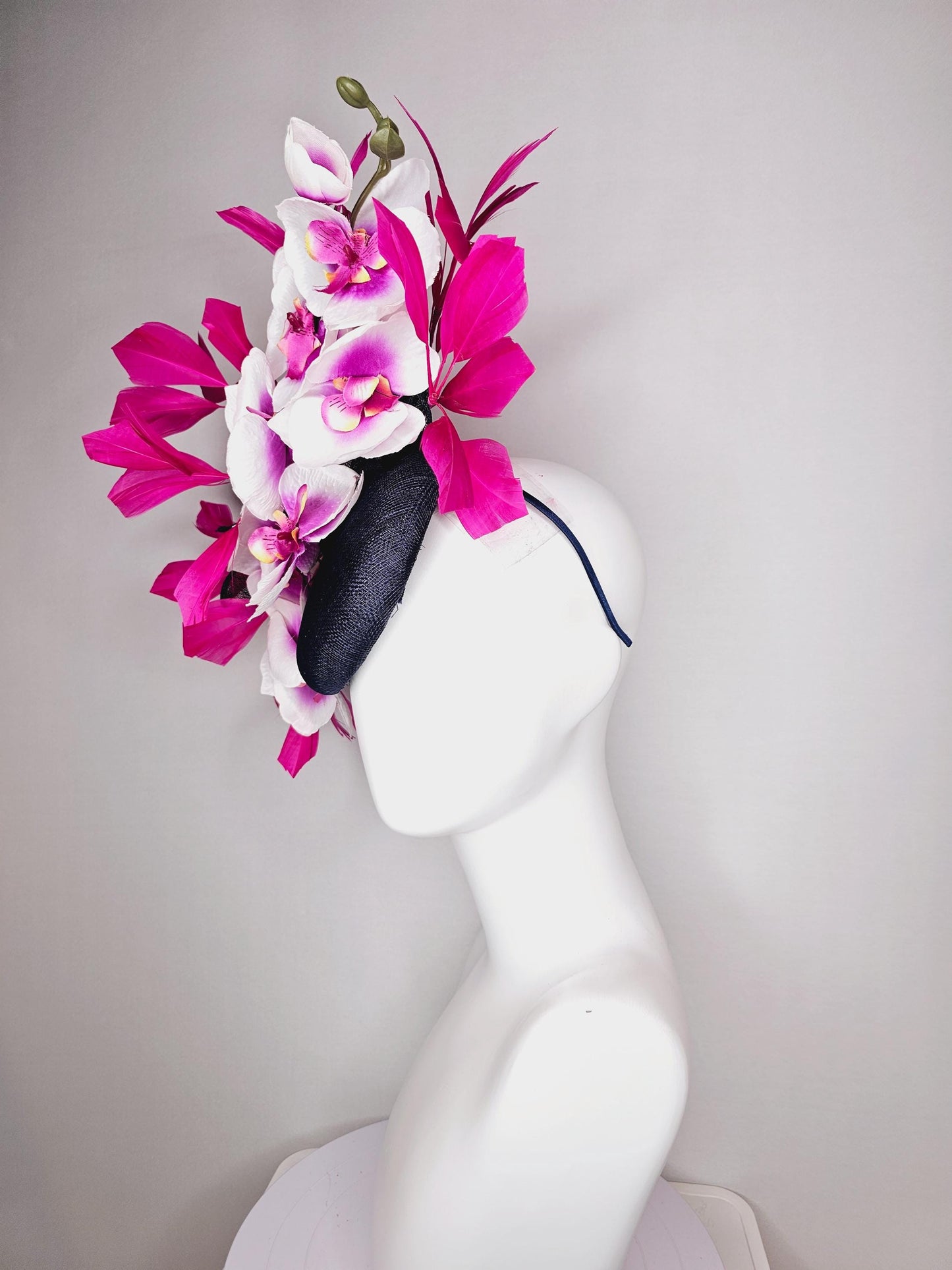 kentucky derby hat fascinator navy blue sinamay with bow and white and pink satin orchid flowers with hot pink branching feathers