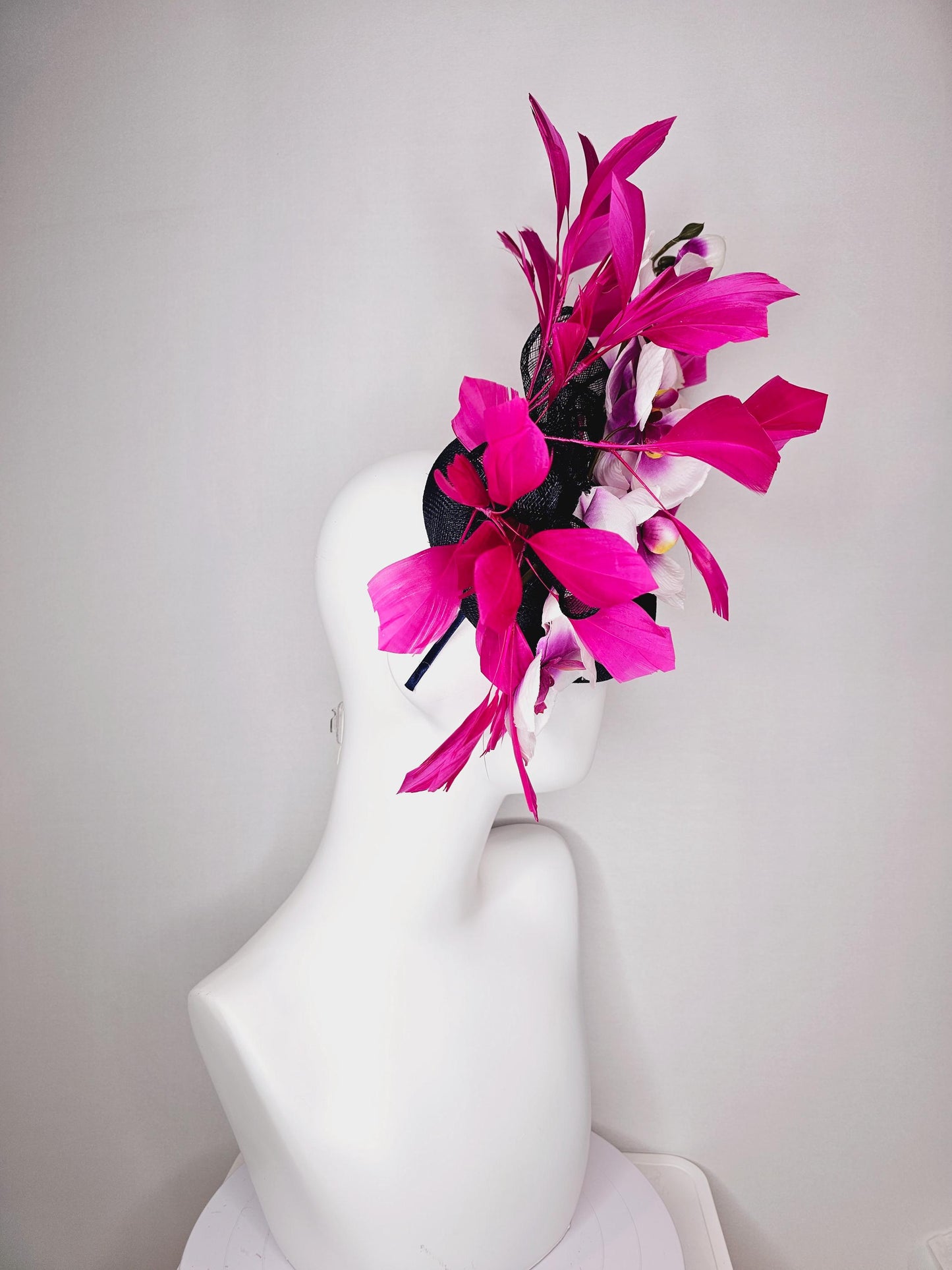 kentucky derby hat fascinator navy blue sinamay with bow and white and pink satin orchid flowers with hot pink branching feathers