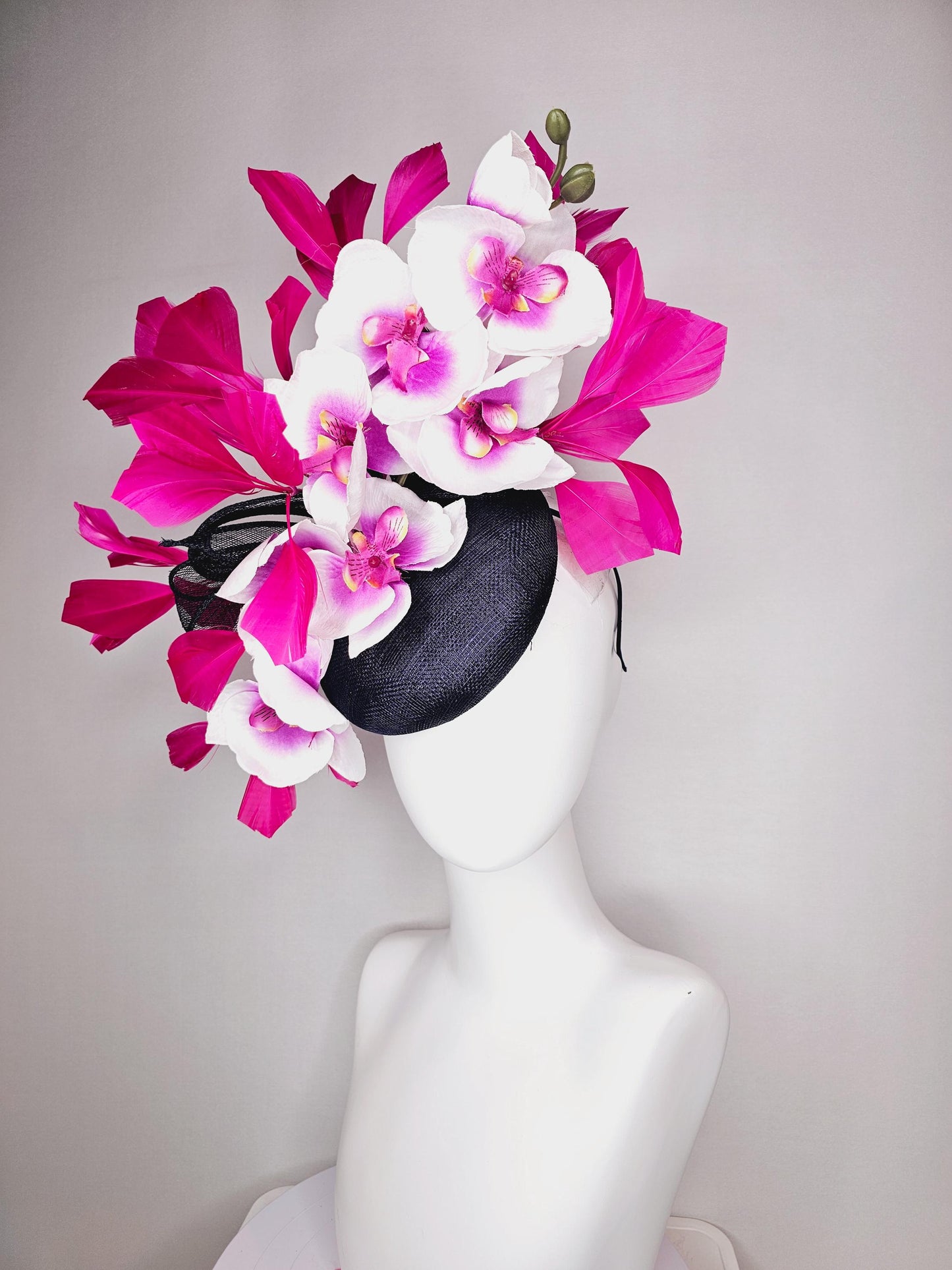 kentucky derby hat fascinator navy blue sinamay with bow and white and pink satin orchid flowers with hot pink branching feathers