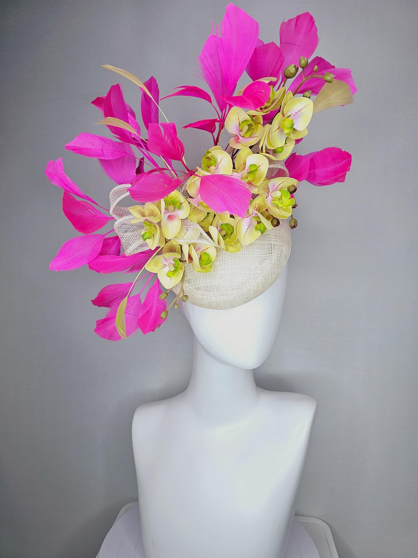 kentucky derby hat fascinator ivory white sinamay with bow and yellow satin silk orchid flowers with bright fuchsia pink branching feathers