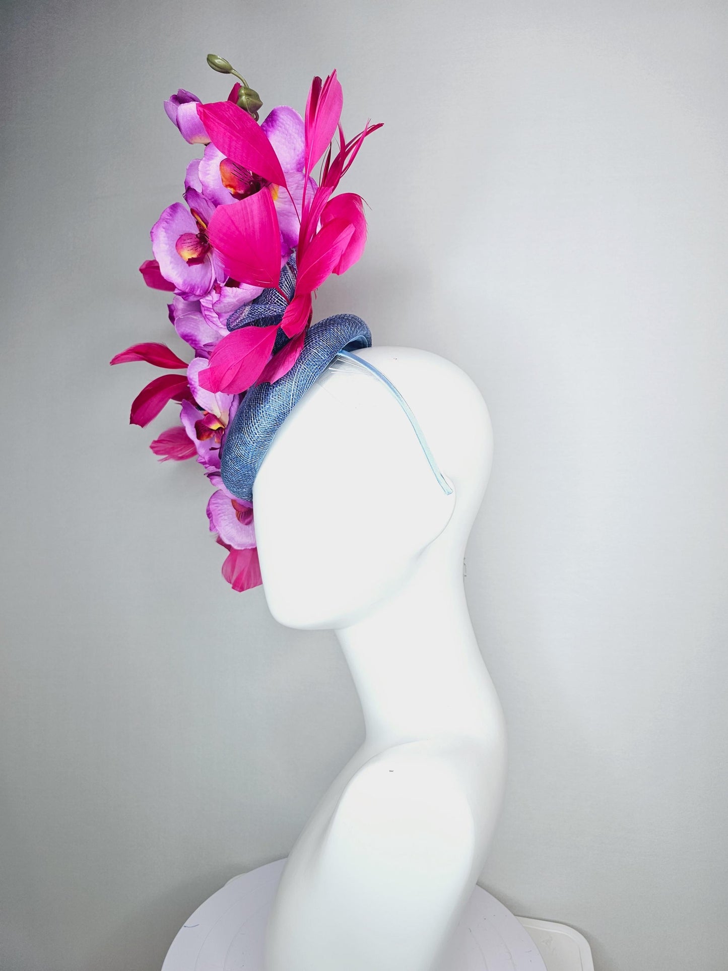 kentucky derby hat fascinator denim blue sinamay with bow lilac purple and pink satin orchid flowers and hot pink branching feathers